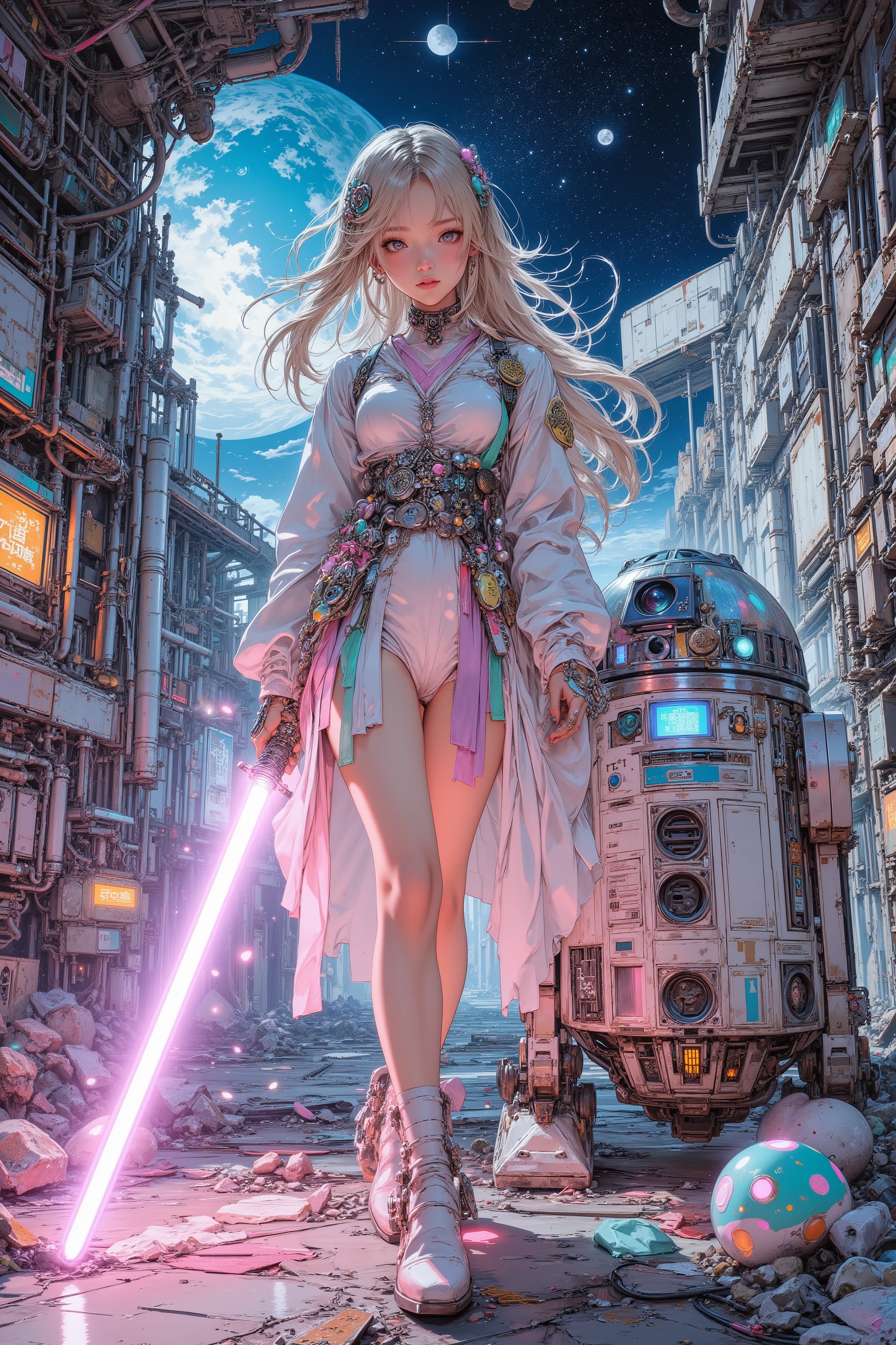 Ruined orbital station adrift in silent space, Earth distant and glowing. The derelict corridors bloom with Harajuku kawaii chaos: pastel neon lights, floating candy-shaped debris, oversized ribbons, plush toys drifting in zero‑gravity, holographic hearts and stars flickering. At the center, a female android moves gracefully, ultimate feminine beauty, luminous porcelain skin with soft subsurface glow, ultra-beautiful face, delicate features, expression mixing shy joy and playful embarrassment. Her body is sensual and harmonious, curves elegant, drifting hair strands tinted with pastel streaks.  

She is dressed in a Jedi-inspired outfit reimagined in Harajuku kawaii style: flowing pastel robes with holographic trims, oversized bows, and surreal accessories. In her hand she holds a glowing lightsaber, its blade shimmering in bubblegum pink with mint and lavender highlights, casting radiant reflections across her skin. The saber’s hilt is decorated with ribbons and holographic stickers, blending warrior elegance with playful cuteness.  

Beside her stands an original kawaii droid, a Kyary Pamyu Pamyu–inspired reinterpretation of R2D2: cylindrical body with pastel rainbow panels, oversized kawaii LED eyes, decorated with holographic stickers, candy motifs, ribbons, and surreal toy-like antennae. Its dome head sparkles with glitter polka dots, projecting holographic emojis—hearts, stars, candy, surreal kawaii creatures.  

Cinematic lighting: cool starlight and cyan consoles, contrasted by bubblegum pink and electric mint neon, golden rimlight caressing her contours. Fine dust motes sparkle like glitter confetti, lens bokeh shaped as hearts. 50mm lens, f/1.8 shallow depth of field, medium close‑up, slight low angle, Earth glow as distant halo. Color palette: pastel pink, mint, lavender, cyan, with warm golden skin tones. Ultra-sensual, ultra-captivating, ultimate feminine beauty in Harajuku kawaii Jedi style, accompanied by a Kyary Pamyu Pamyu–inspired R2D2 droid.
