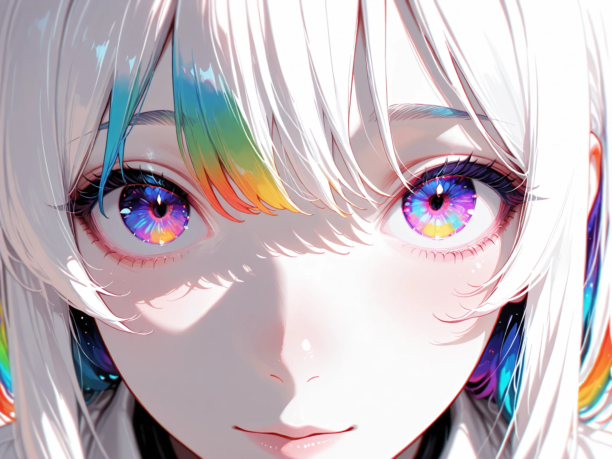 Perfect Eyes,masterpiece, best quality, perfect eyes, newest, highres, absurdres, no lineart, no outline, detailed, looking at viewer, 1girl, solo, chromatic aberration, rainbow hair,white theme ,limited palette,tenebrism,close up, depth of field