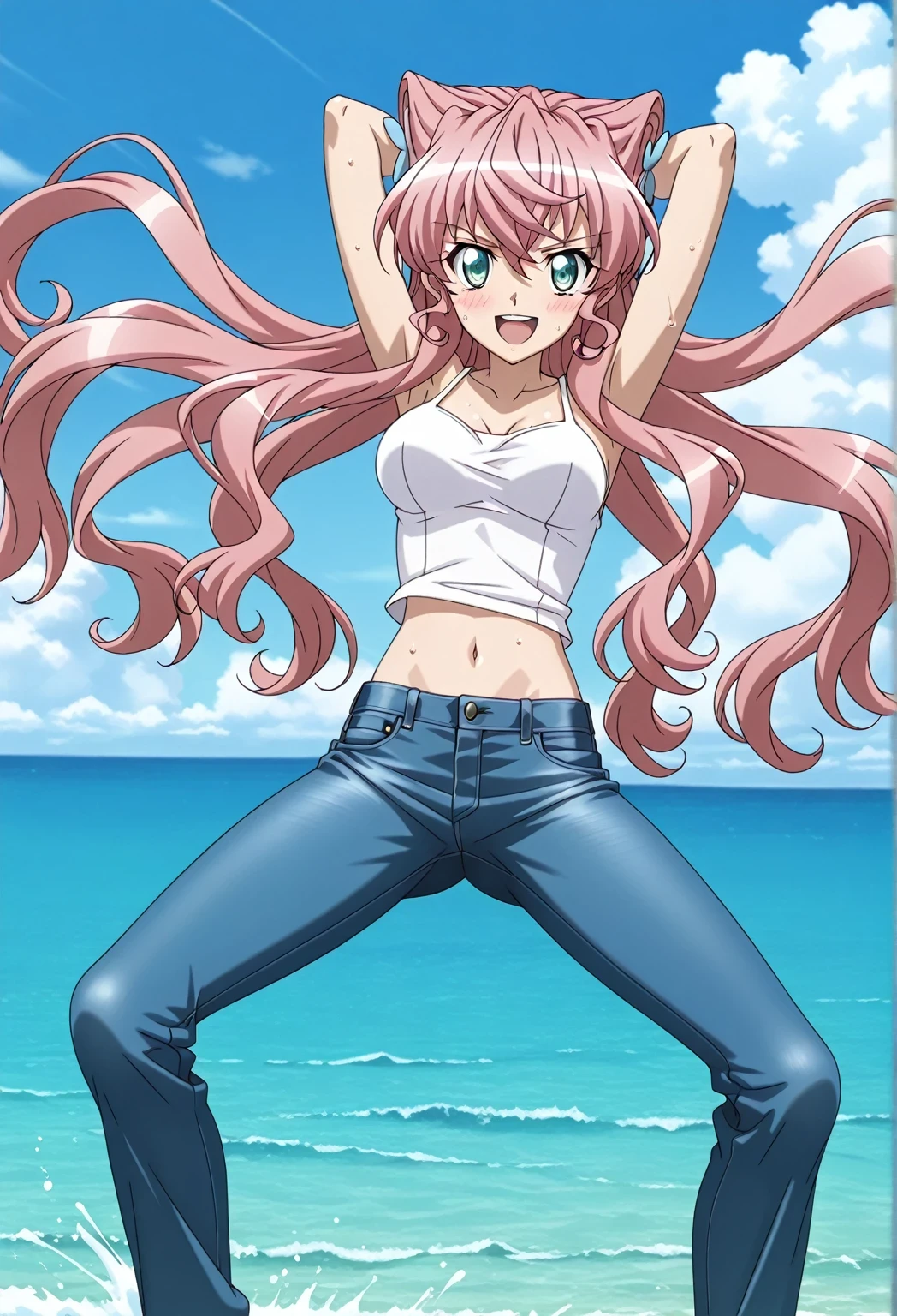 score_9, score_8_up, score_7_up, source_anime, highres, hi res, ((best quality, top quality, perfect quality, Highest Quality, amazing quality)), {{masterpiece}}, {{an extremely delicate and beautiful}}, 2d, intricate details, official style, anime, 8k, anime style, official_anime, official art, digital painting, cell shading, soft shading, high resolution, soothing tones, Subdued Color, Soft cinematic light, adobe lightroom, photolab, HDR, intricately and hyper-detailed, ((high quality animation)), 1 girl, Alone, solo, ((ocean)), tsunami, on the water, day, sunny, outdoors, sky, windy, Maria Cadenzavna Eve, senki zessho symphogear, pink hair, long hair, blue eyes, hair ornament, anime screencap, , white camisole top, crop top, white crop top, best quality, hyper-detailed jeans, ((blue jeans:1.9)), (dark blue jeans:0.6), full medium body, medium shot, Open mouth, smiling, happy face, blush, sweat, standing, ((arms behind head:6.0)), ((perfect arm line:2.5)), bowlegged, jumping pose, action, looking at viewer, , Bend knees slightly, straight-on front view
