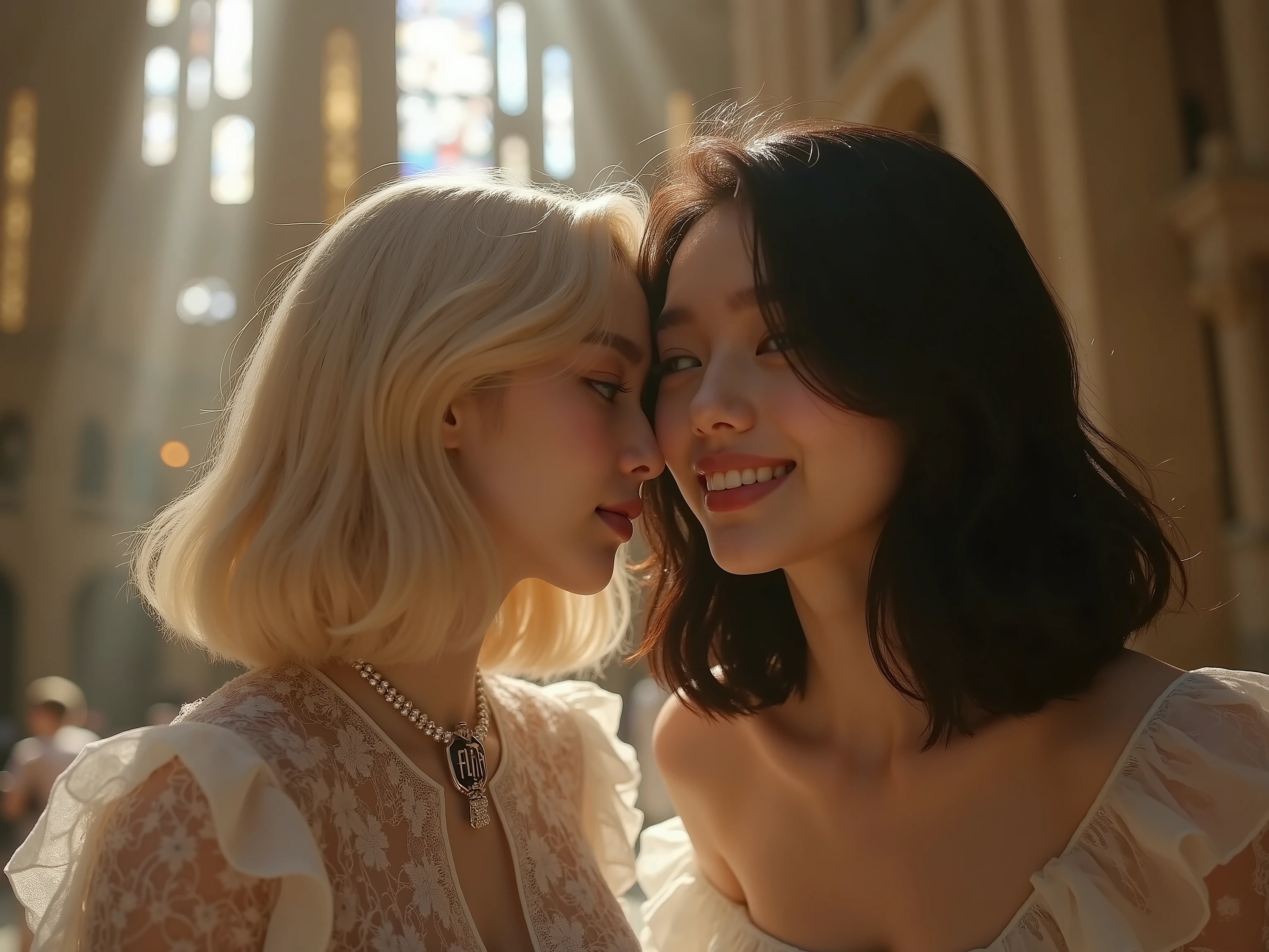 8k hyper-photorealistic cinematic extreme close-up faces of two stunning 16-17-year-old Japanese girls whispering trades at Sagrada Familia spires, exuding sexy allure, linking zero-spread chains. Main: flawless porcelain, blonde bob, almond eyes sparkle, teeth pearl; gaudi-esque lace blouse with "FLIP" brooch large bold dangling. Friend: wavy dark hair, hazel grin, dimples; off-shoulder ruffle top with matching motif, flared skirt, espadrilles. Intricate stone god rays filtering through stained glass, blurred pilgrim visitors, soft depth of field, hyper-realistic textures, natural cinematic architectural wonder light.