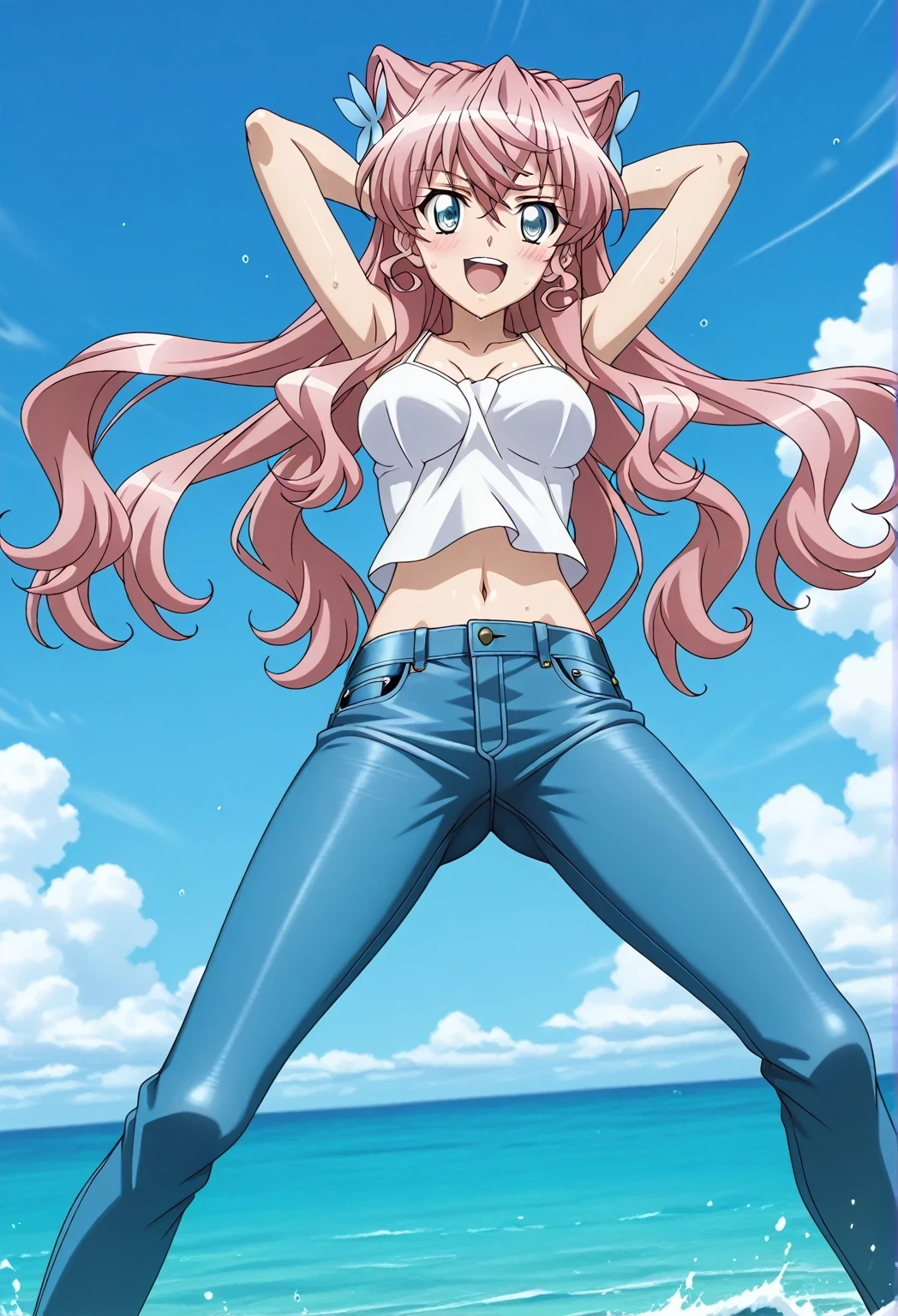 score_9, score_8_up, score_7_up, source_anime, highres, hi res, ((best quality, top quality, perfect quality, Highest Quality, amazing quality)), {{masterpiece}}, {{an extremely delicate and beautiful}}, 2d, intricate details, official style, anime, 8k, anime style, official_anime, official art, digital painting, cell shading, soft shading, high resolution, soothing tones, Subdued Color, Soft cinematic light, adobe lightroom, photolab, HDR, intricately and hyper-detailed, ((high quality animation)), 1 girl, Alone, solo, ((ocean)), tsunami, on the water, day, sunny, outdoors, sky, windy, Maria Cadenzavna Eve, senki zessho symphogear, pink hair, long hair, blue eyes, hair ornament, anime screencap, , white camisole top, crop top, white crop top, best quality, hyper-detailed jeans, ((blue jeans:1.9)), (dark blue jeans:0.6), full medium body, medium shot, Open mouth, smiling, happy face, blush, sweat, standing, ((arms behind head:6.0)), ((perfect arm line:2.5)), bowlegged, jumping pose, action, looking at viewer, , Bend knees slightly, straight-on front view