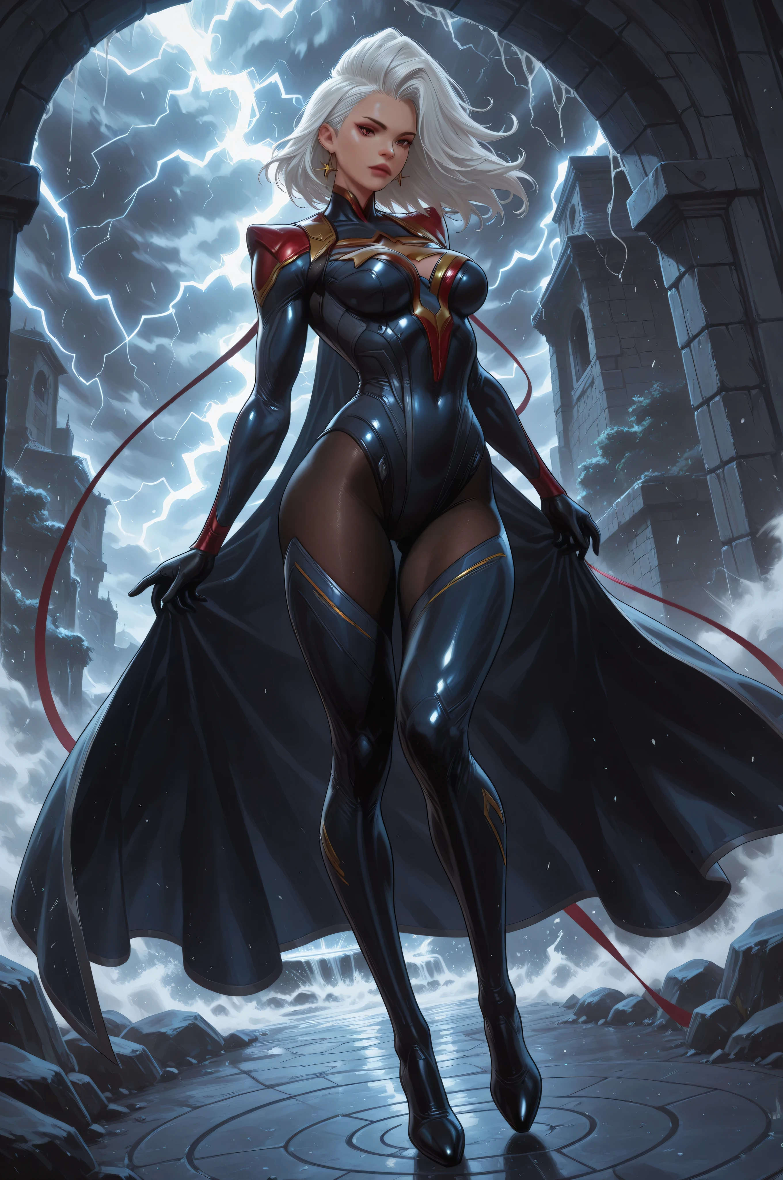 good body, tight-fitting full-body jumpsuit that covers practically everything from neck to toe, pantyhose on the thigh, Storm (Marvel Rivals),Full HD, masterpiece, best quality, well detailed, without errors, 1 girl