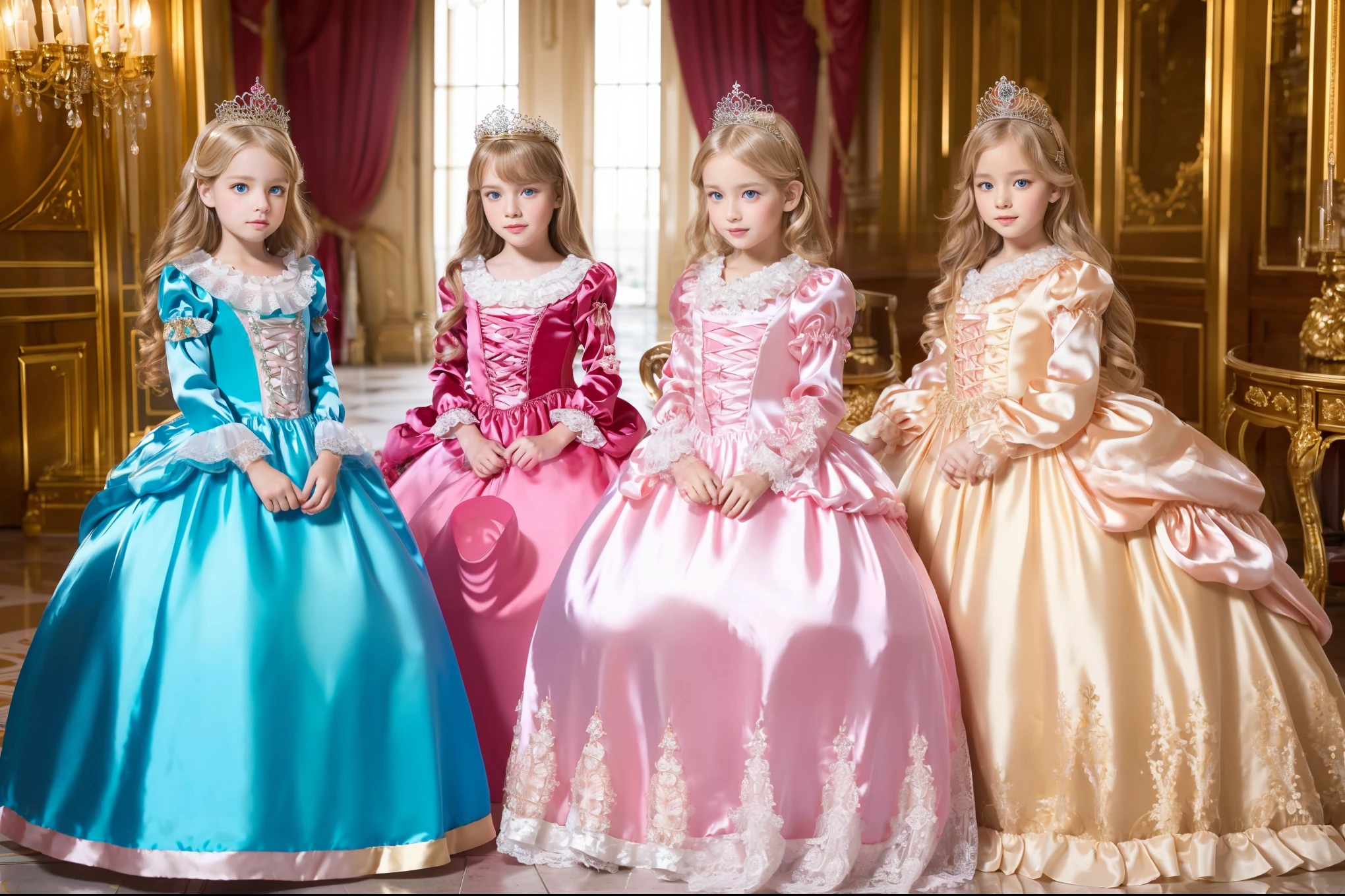 ,,highest quality, masterpiece, highest resolution, artwork, super それにget used to it, many get used to it, get used to it, それにget used to it, 3k realistic pictures,((twelve yaers old girl:1.0)),short body height,Ultra-detailed juvenile face,lot of  princess girls,((shiny hot pink silk satin full-length big ball gown princess dress:1.2)),(((large round puffed long dress))),((Their feet are hidden in the puffed dress)),((frilled yoke collar)),((frilled sleeves)),((((long sleeve)))),((Lolita style detailed princess satin dress with lots of frills and ribbons:1.0)),(((Everyone has luxurious tiaras on their heads))),((laced corset with ribbons)),Rococo styta fashion,shiny satin dress,Soft and smooth fabric,luxury,long blonde hair,blue eyes,white skin european,in the luxurious palace,