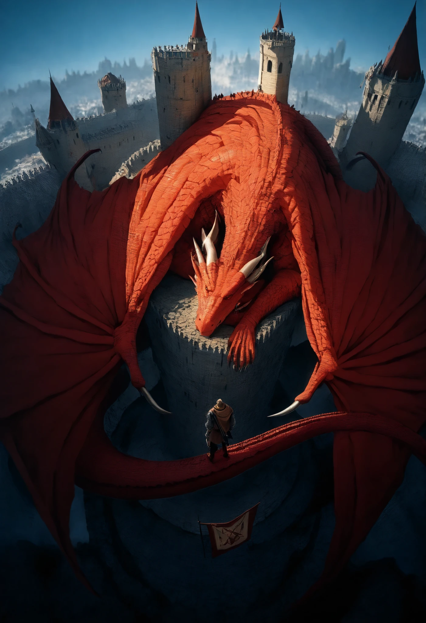 dibujo a mano,giant tower,imperial castle with several towers, red dragon ,giant scaled dragon,epic dinner,height,Medieval City, windows,flags on the cusp ,monster with open wings,giant monster,Dragon gigante,alas,scales, thick scales ,Gigantic Dragon,heavy,large size,Resting on the tower, Green reptilian eyes ,sharp teeth, thick scales  y duras,giant claws,(rolled up like a snake),((long tail rolled up in the tower)),((Above the top of the tower)),(( about the castle )) ,masterpiece, newest ,extremely high resolution, high resolution view,distant view ,detailed background,