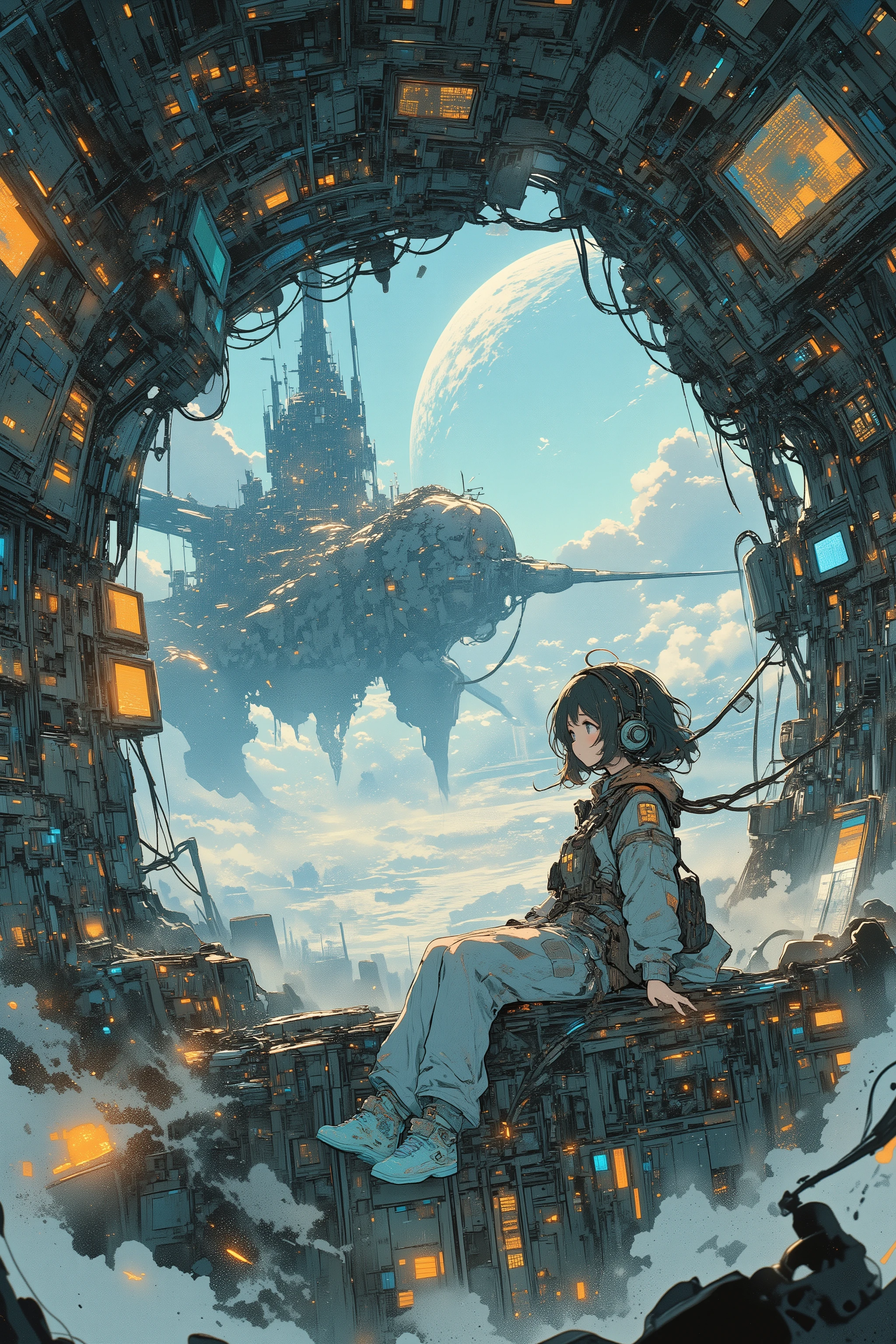 (masterpiece), (ultra detailed), cinematic anime illustration,
a young girl floating in a derelict space station,
wearing an old communication helmet connected by glowing cables,
surrounded by flickering holograms and shattered control panels,
ghostly data fragments drift through zero gravity,
outside the broken window lies a silent planet bathed in faint aurora light,
soft rimlight illuminating floating dust,
muted blue and amber palette,
retro-futuristic design with analog switches and cracked glass screens,
melancholic and poetic atmosphere,
hand-drawn G-pen linework, watercolor glow, film grain texture,
fantasy-mecha fusion aesthetic,
a sense of loneliness, silence, and time frozen in orbit.