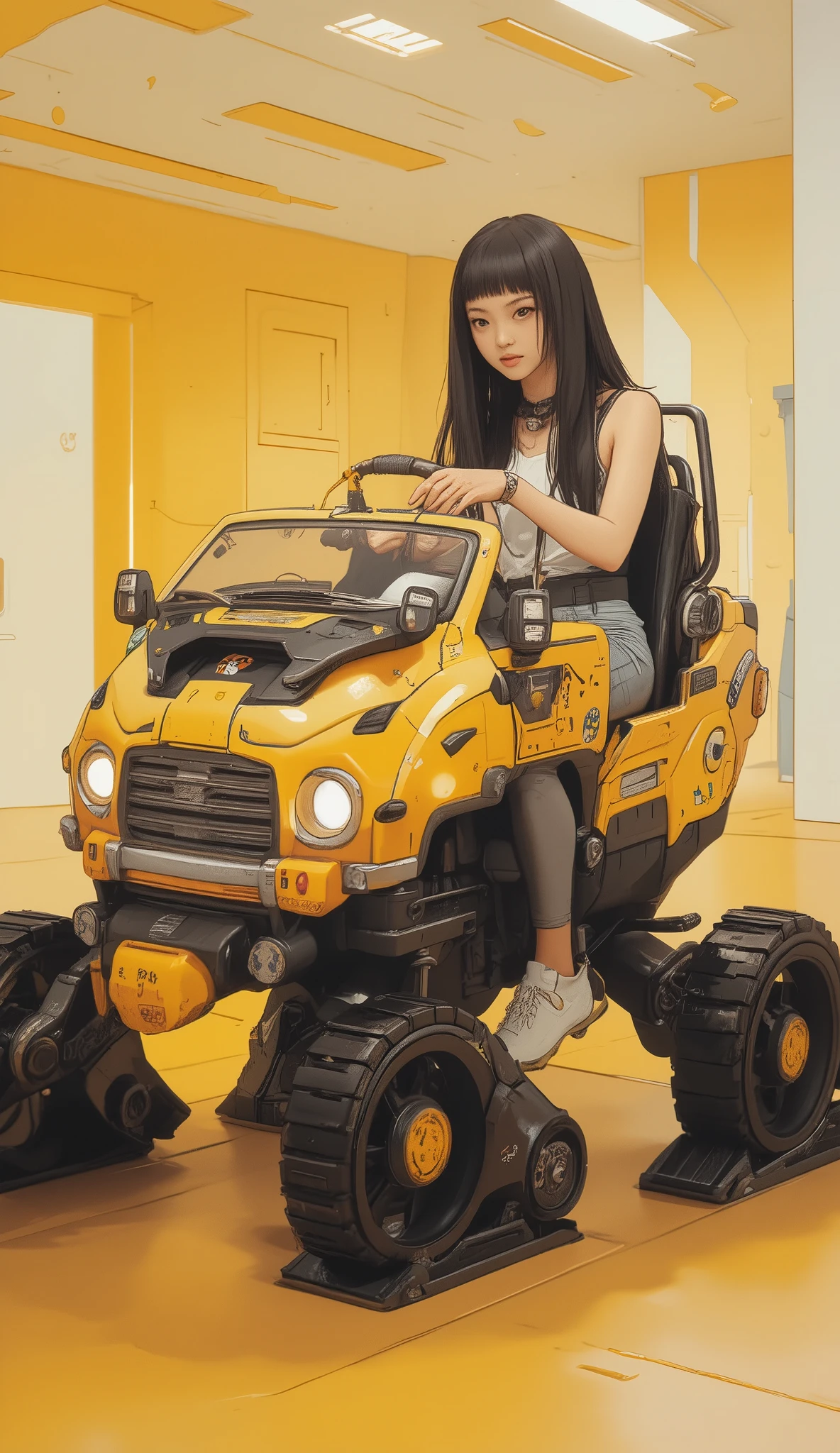 若く美しい日本人女性but創造的にデザインされた, of a mixture of cars and multi-legged robots I'm wearing a robot vehicle like. 乗り物は鮮やかな色but特徴です, suggestion, green, legwear on the back of the skirt. sitting 。ヘッドライトやグリルなどの車のような要素butあります, but、I can see the base from decorative stickers such as stars and smiley faces on the surface of the vehicle {x}、it extends to large mechanical limbs that use treads to move. women wear sleeveless tops、wears a robot vehicle with long black hair。. she has a car steering wheel, 彼女but操縦していると示唆している. 遊び心のあるFuturistic要素を取り入れたデザイン, it's evident from decorative stickers such as stars and smiley faces on the surface of the vehicle. The whole scene is written as small、Capricious, It's mostly a pastel yellow hue,  imaginative setting  , Futuristic、or seem to be fantasy themed.