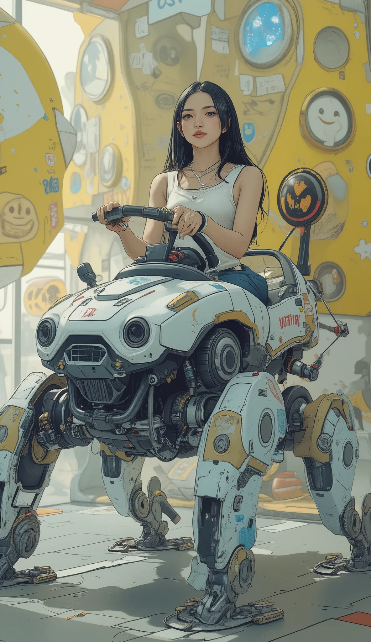 若く美しい日本人女性but創造的にデザインされた, of a mixture of cars and multi-legged robots I'm wearing a robot vehicle like. 乗り物は鮮やかな色but特徴です, suggestion, green, legwear on the back of the skirt. sitting 。ヘッドライトやグリルなどの車のような要素butあります, but、I can see the base from decorative stickers such as stars and smiley faces on the surface of the vehicle {x}、it extends to large mechanical limbs that use treads to move. women wear sleeveless tops、wears a robot vehicle with long black hair。. she has a car steering wheel, 彼女but操縦していると示唆している. 遊び心のあるFuturistic要素を取り入れたデザイン, it's evident from decorative stickers such as stars and smiley faces on the surface of the vehicle. The whole scene is written as small、Capricious, It's mostly a pastel yellow hue,  imaginative setting  , Futuristic、or seem to be fantasy themed.