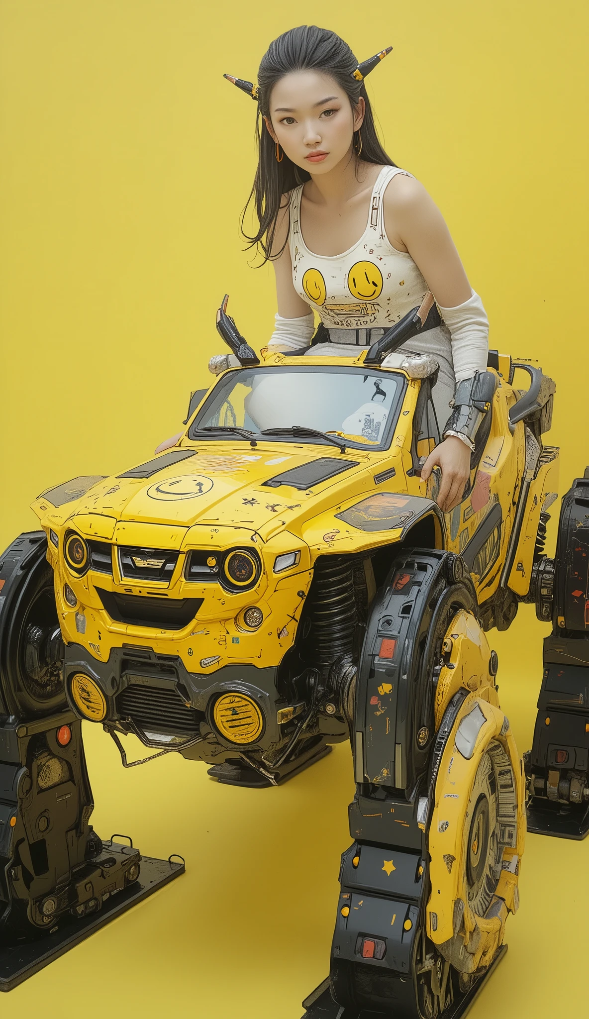 若く美しい日本人女性but創造的にデザインされた, of a mixture of cars and multi-legged robots I'm wearing a robot vehicle like. 乗り物は鮮やかな色but特徴です, suggestion, green, legwear on the back of the skirt. sitting 。ヘッドライトやグリルなどの車のような要素butあります, but、I can see the base from decorative stickers such as stars and smiley faces on the surface of the vehicle {x}、it extends to large mechanical limbs that use treads to move. women wear sleeveless tops、wears a robot vehicle with long black hair。. she has a car steering wheel, 彼女but操縦していると示唆している. 遊び心のあるFuturistic要素を取り入れたデザイン, it's evident from decorative stickers such as stars and smiley faces on the surface of the vehicle. The whole scene is written as small、Capricious, It's mostly a pastel yellow hue,  imaginative setting  , Futuristic、or seem to be fantasy themed.