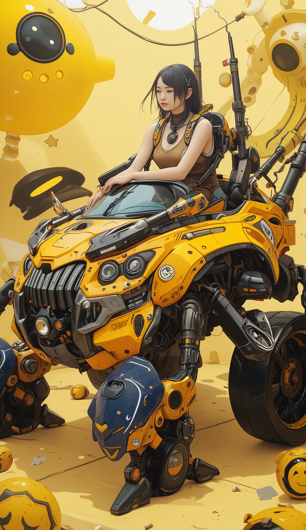 若く美しい日本人女性but創造的にデザインされた, of a mixture of cars and multi-legged robots I'm wearing a robot vehicle like. 乗り物は鮮やかな色but特徴です, suggestion, green, legwear on the back of the skirt. sitting 。ヘッドライトやグリルなどの車のような要素butあります, but、I can see the base from decorative stickers such as stars and smiley faces on the surface of the vehicle {x}、it extends to large mechanical limbs that use treads to move. women wear sleeveless tops、wears a robot vehicle with long black hair。. she has a car steering wheel, 彼女but操縦していると示唆している. 遊び心のあるFuturistic要素を取り入れたデザイン, it's evident from decorative stickers such as stars and smiley faces on the surface of the vehicle. The whole scene is written as small、Capricious, It's mostly a pastel yellow hue,  imaginative setting  , Futuristic、or seem to be fantasy themed.