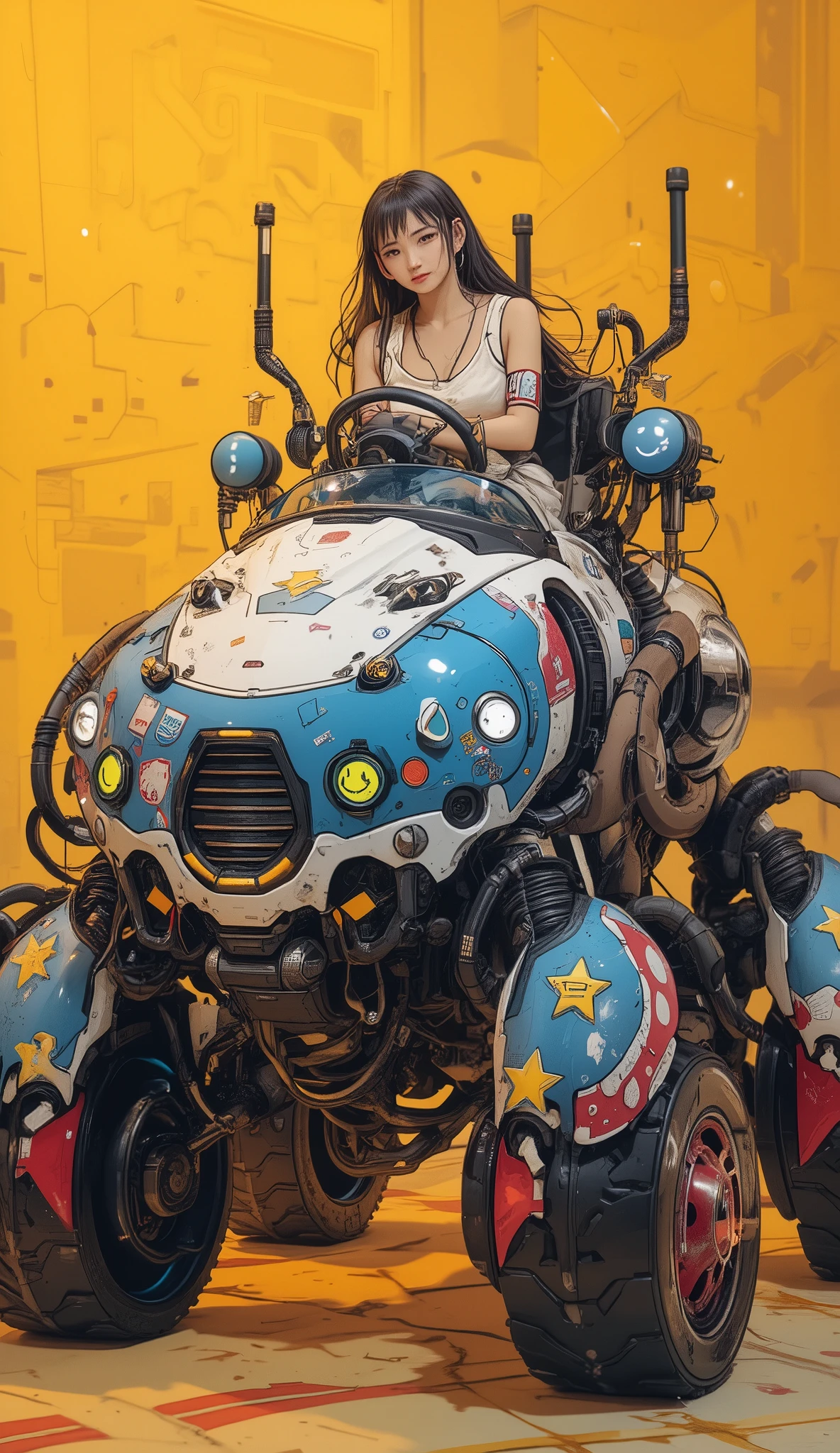 若く美しい日本人女性but創造的にデザインされた, of a mixture of cars and multi-legged robots I'm wearing a robot vehicle like. 乗り物は鮮やかな色but特徴です, suggestion, green, legwear on the back of the skirt. sitting 。ヘッドライトやグリルなどの車のような要素butあります, but、I can see the base from decorative stickers such as stars and smiley faces on the surface of the vehicle {x}、it extends to large mechanical limbs that use treads to move. women wear sleeveless tops、wears a robot vehicle with long black hair。. she has a car steering wheel, 彼女but操縦していると示唆している. 遊び心のあるFuturistic要素を取り入れたデザイン, it's evident from decorative stickers such as stars and smiley faces on the surface of the vehicle. The whole scene is written as small、Capricious, It's mostly a pastel yellow hue,  imaginative setting  , Futuristic、or seem to be fantasy themed.