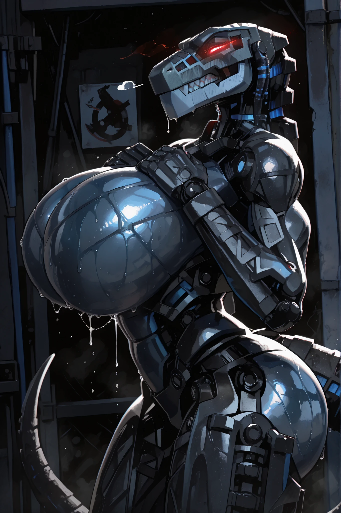 748cmstyle,l3g0, masterpiece, best quality, amazing quality, very aesthetic, high resolution, highly detailed, high quality, krekkov style, score_9, score_8_up, score_7_up , solo, muscular, roodaka, bionicle, anthro, dinosaur, lidded eyes, annoyed, glowing eyes, seductive pose, abs , breasts exposure, narrow waist, shiny body, metallic body, oiled body, jewelry, clothed, standing, gigantic breasts, gigantic thighs, gigantic ass, sweaty, dripping, tail, hands over chest, side view, arched back