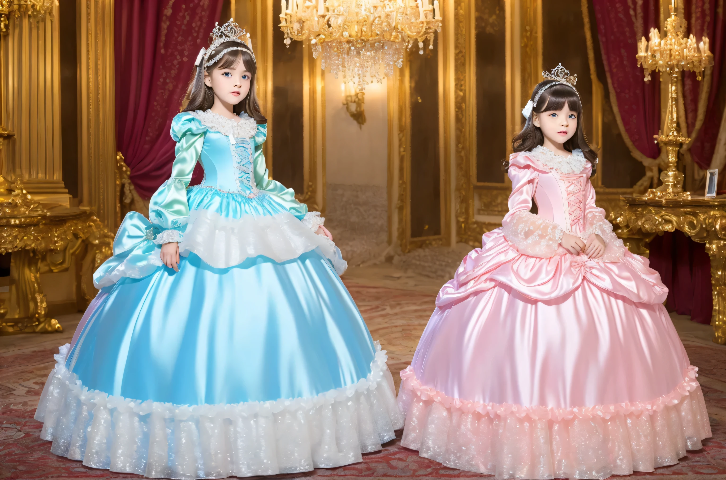 ,,highest quality, masterpiece, highest resolution, artwork, super それにget used to it, many get used to it, get used to it, それにget used to it, 3k realistic pictures,((twelve yaers old girl:1.0)),short body height,Ultra-detailed juvenile face,lot of  princess girls,((shiny hot pink silk satin full-length big ball gown princess dress:1.2)),(((large round puffed long dress))),((Their feet are hidden in the puffed dress)),((frilled yoke collar)),((frilled sleeves)),((((long sleeve)))),((Lolita style detailed princess satin dress with lots of frills and ribbons:1.0)),(((Everyone has luxurious tiaras on their heads))),((laced corset with ribbons)),Rococo styta fashion,shiny satin dress,Soft and smooth fabric,luxury,long blonde hair,blue eyes,white skin european,in the luxurious palace,