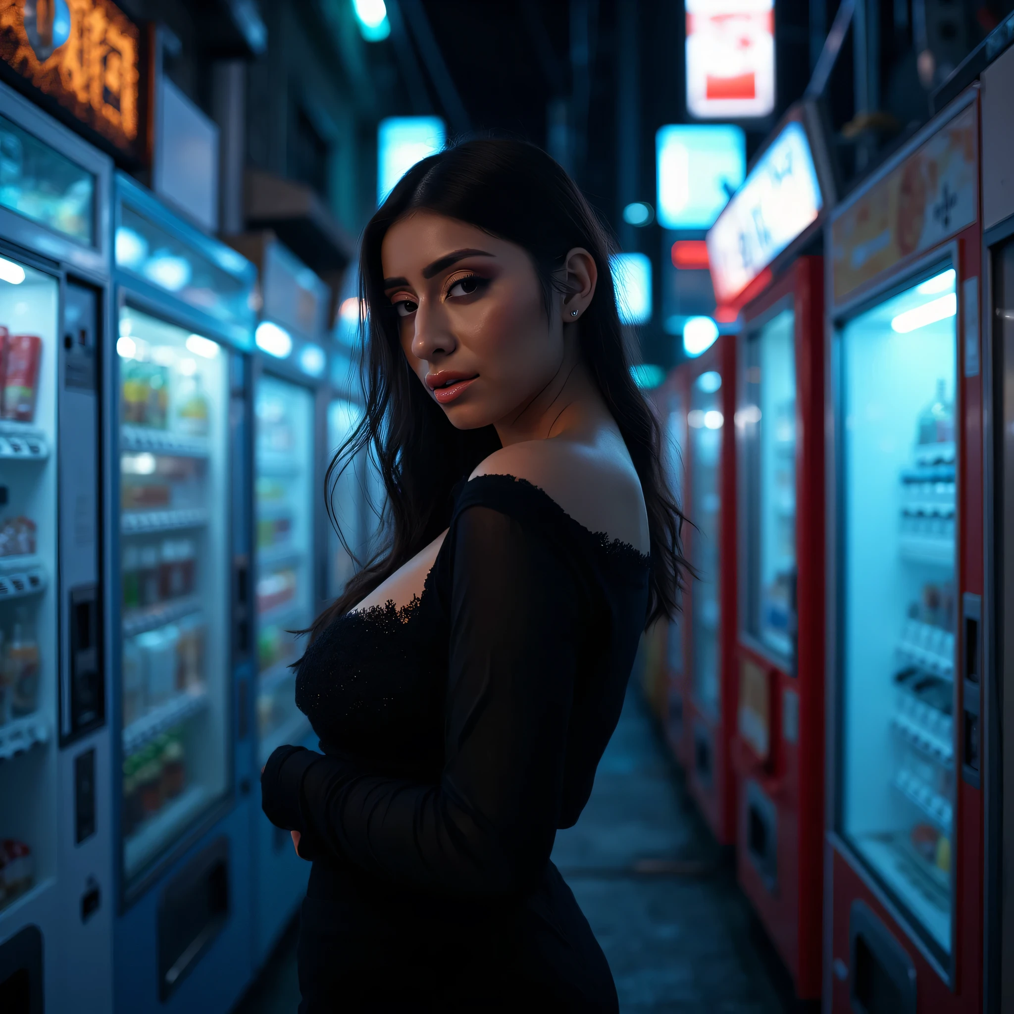 Ultra-realistic cinematic night portrait in Tokyo, illuminated by neon lights and vending machines. The scene centers on a beautiful woman with warm features inspired by Latin beauty, posing confidently in modern black fashion. Apply a cold, dramatic color grading with a blue-tinted curve, enhancing shadows and reflections for a moody atmosphere. The lighting creates deep contrasts and soft highlights on metallic textures. Shallow depth of field, 35mm lens look, realistic skin tones, detailed background with bluish reflections and subtle mist for a cinematic aesthetic.