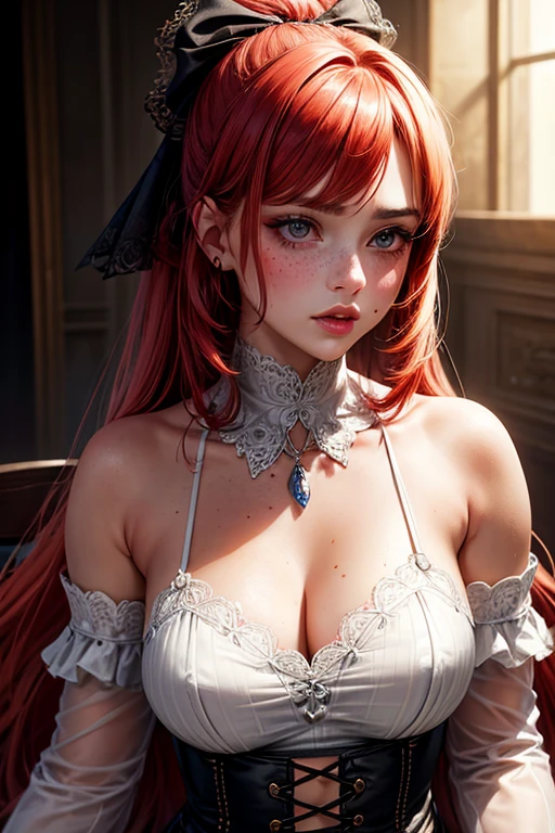 1 woman, (((((UHD))))), (((((masterpiece))))), ((((super detail)))), high details, ((((high quality)))), ((((best quality)))), (((highres))), ((((16k)))), ((Shadows)), ((bright red hair)), hair over shoulder, side swept bangs, (royal clothing), ((all white clothing pallet)), (colourful), heart-shaped pupils, one eye closed, sparkling eyes, ((big beautiful light blue eyes)), crystal earrings, grin, bright pupils, (evil smile), natural lips, light blush, cheek-to-cheek, sparkle, god rays, backlighting, reflection light, bloom, dutch angle, perspective, from above, from front,  ((perfect ???????)), ((defined jawline)), (Royalty), ((16:9 image), (landscape imagery)