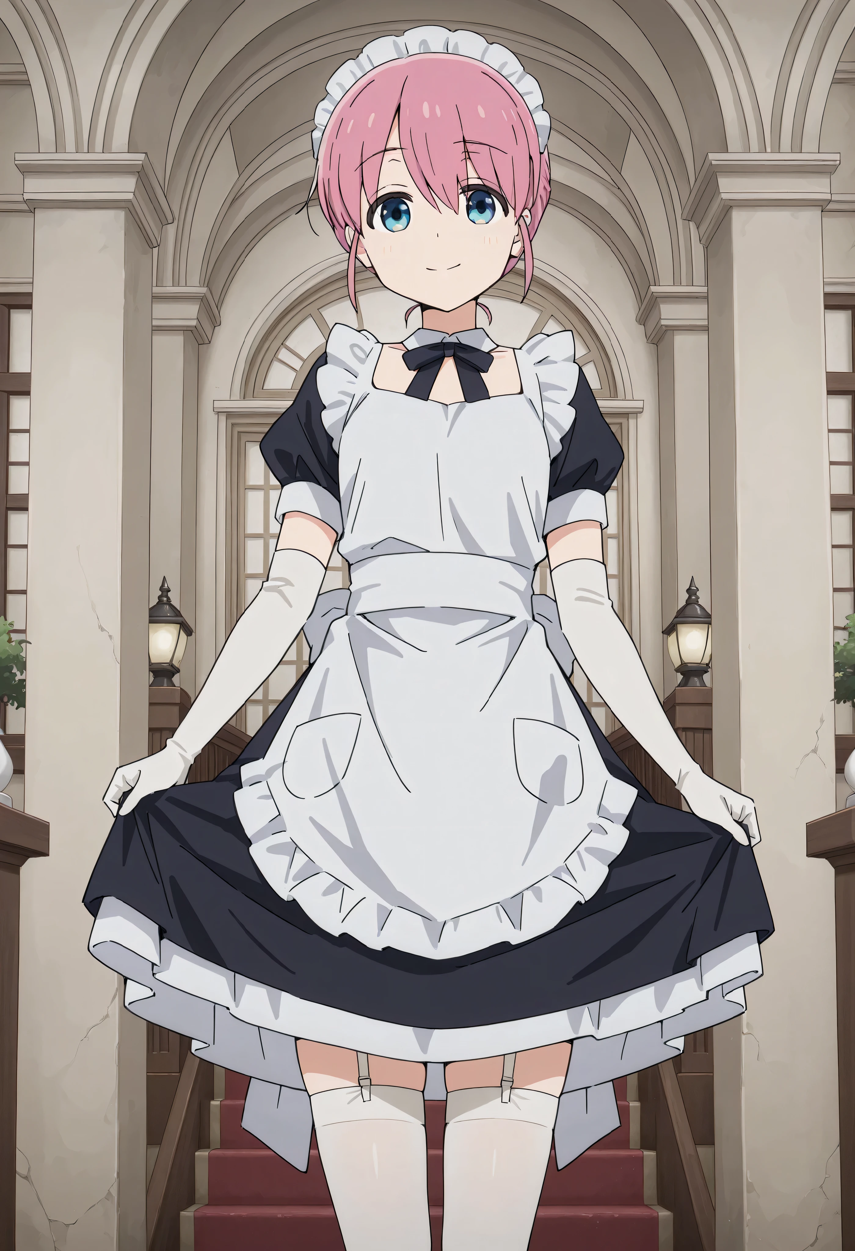 score_9, score_8_above, score_7_above, source_anime, Michiyo Gotoh (character), 1girl, Alone, pink hair, blue eyes, hair bun , (the best quality), (high quality), {masterpiece}, extremely delicate and beautiful, ultra-detailed, beautiful detailed eyes shirt, maid, black maid costume, short sleeves, puffed sleeves, white headdress, white apron with ruffles, white gloves with elbows, White Thighhighs, mansion, interior, smile, mouth shut, Standing