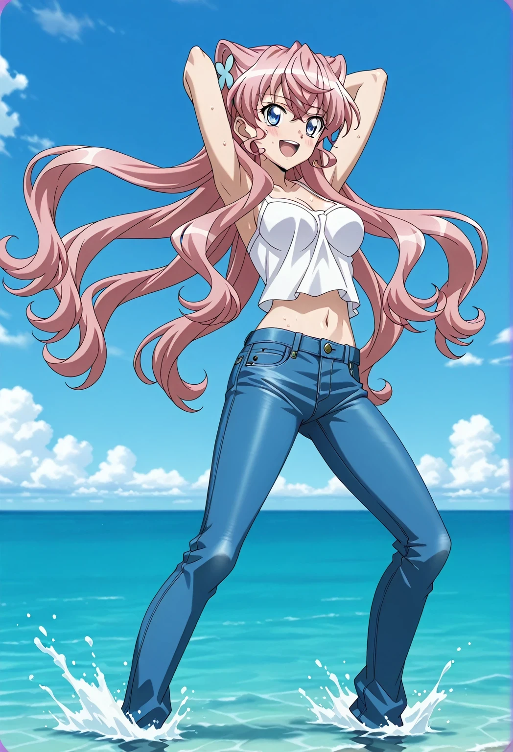 score_9, score_8_up, score_7_up, source_anime, highres, hi res, ((best quality, top quality, perfect quality, Highest Quality, amazing quality)), {{masterpiece}}, {{an extremely delicate and beautiful}}, 2d, intricate details, official style, anime, 8k, anime style, official_anime, official art, digital painting, cell shading, soft shading, high resolution, soothing tones, Subdued Color, Soft cinematic light, adobe lightroom, photolab, HDR, intricately and hyper-detailed, ((high quality animation)), 1 girl, Alone, solo, ((ocean)), tsunami, on the water, day, sunny, outdoors, sky, windy, Maria Cadenzavna Eve, senki zessho symphogear, pink hair, long hair, blue eyes, hair ornament, anime screencap, , white camisole top, crop top, white crop top, best quality, hyper-detailed jeans, ((blue jeans:1.9)), (dark blue jeans:0.6), full medium body, medium shot, Open mouth, smiling, happy face, blush, sweat, standing, ((arms behind head:6.0)), ((perfect arm line:2.5)), bowlegged, jumping pose, action, looking at viewer, , Bend knees slightly, straight-on front view