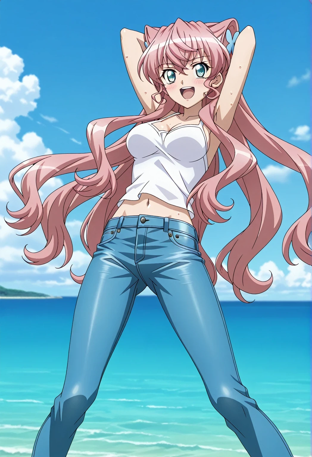 score_9, score_8_up, score_7_up, source_anime, highres, hi res, ((best quality, top quality, perfect quality, Highest Quality, amazing quality)), {{masterpiece}}, {{an extremely delicate and beautiful}}, 2d, intricate details, official style, anime, 8k, anime style, official_anime, official art, digital painting, cell shading, soft shading, high resolution, soothing tones, Subdued Color, Soft cinematic light, adobe lightroom, photolab, HDR, intricately and hyper-detailed, ((high quality animation)), 1 girl, Alone, solo, ((ocean)), tsunami, on the water, day, sunny, outdoors, sky, windy, Maria Cadenzavna Eve, senki zessho symphogear, pink hair, long hair, blue eyes, hair ornament, anime screencap, , white camisole top, crop top, white crop top, best quality, hyper-detailed jeans, ((blue jeans:1.9)), (dark blue jeans:0.6), full medium body, medium shot, Open mouth, smiling, happy face, blush, sweat, standing, ((arms behind head:6.0)), ((perfect arm line:2.5)), bowlegged, jumping pose, action, looking at viewer, , Bend knees slightly, straight-on front view