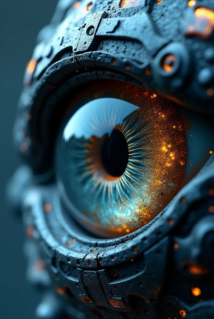Whale eye in close-up，Precise mechanical structure around the eye，Surrounding the eye，Reflects an endless ocean of data in the pupil {x} The translucent lens shines with wisdom，reflects insight into the future，Beautiful post-rendering，Strong sense of conceptual design，Futuristic tech style