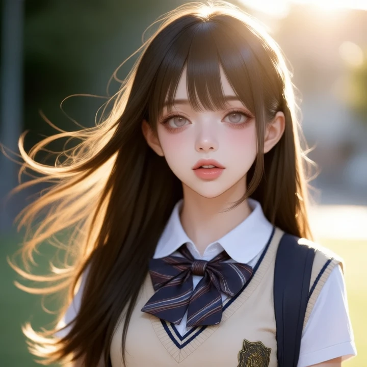 a girl named Lisa is standing with school costume, her long hair is blown with winds, thick lip glow, backlit,