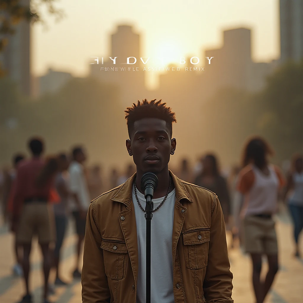 Create a hyper-realistic 3000x3000 pixel square image featuring a medium-sized young African male standing behind a microphone. His face is fully visible and not obscured by the microphone. He is dressed in decent, casual urban wear with no fancy dressing or elaborate hairstyles.

In the background, include a group of people dancing, blurred slightly to create depth and focus on the main figure. The dancers should be dressed in clean, decent urban-style clothing with no flashy or extravagant outfits or hairstyles.

Set the scene in a cool, quiet urban city environment, like a peaceful park surrounded by city buildings. The lighting should suggest golden hour or soft sunlight to add warmth and vibe.

The overall style should be modern, minimalistic, and evoke an amapiano/urban music atmosphere.

Add the artist name “HANDY BOY” and the song title “ASIFIWE REMIX” clearly but subtly, using a clean font that matches the modern, minimalistic look. Text can be placed at the top or bottom.The boy, is teenager at 19 