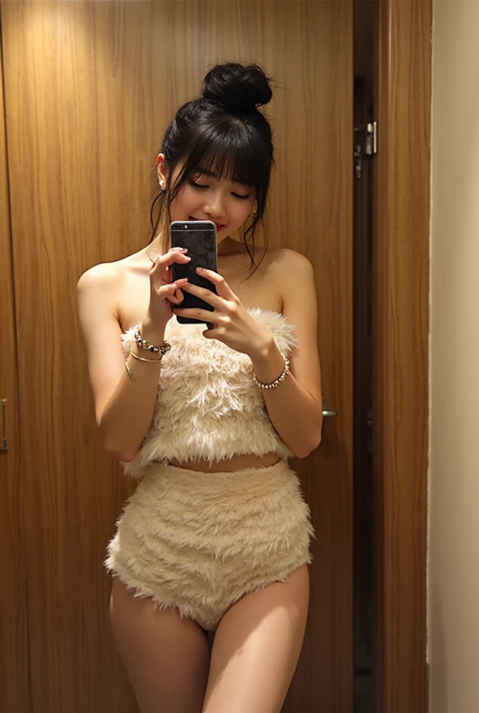 Full body photo of a pretty young 1girl, laughing, wearing a dress,  big cheeks, very long hair,  black hair, side-swept bangs, side fringe hair, Full body, Photo, night club, best quality, realistic, 8k,