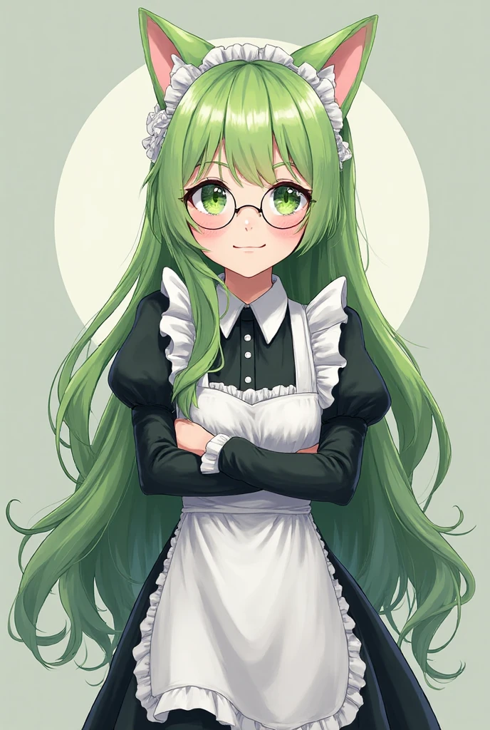 Anime girl with green long shiny hair with cat ears and light green ...