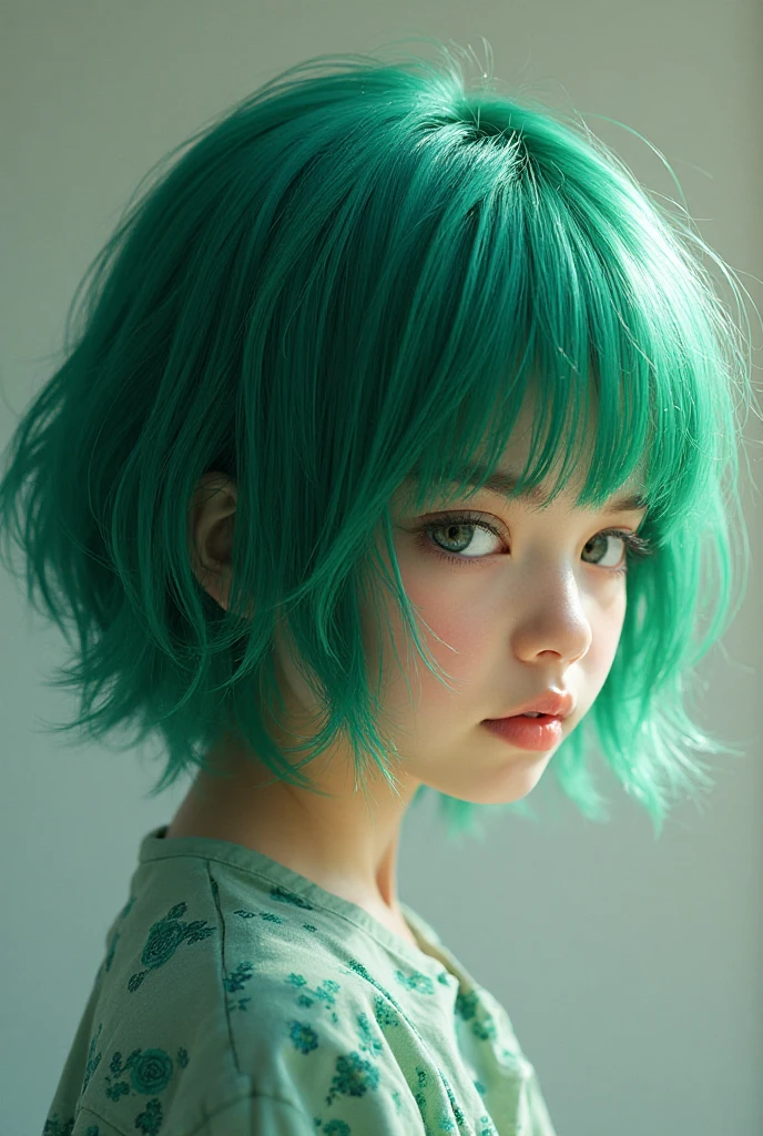 KIDS GIRL green hair in a  wings of angel, close up portrait photo,