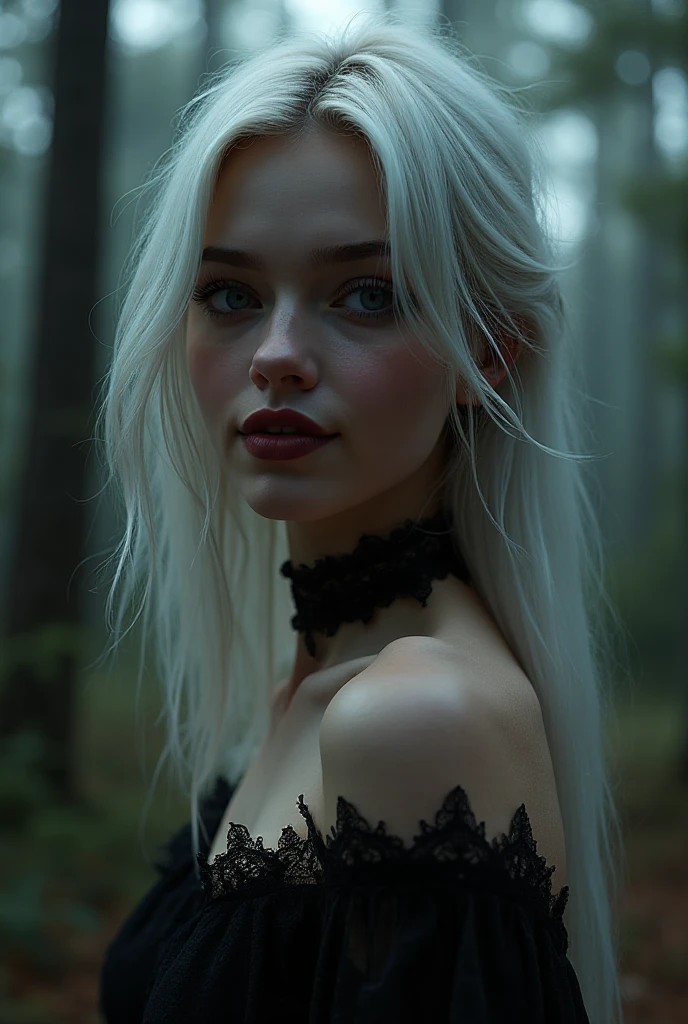 female sexy vampire|albino, pale porcelain skin, sexy vintage black dress, smile, shallow depth of field, grin|creepy, nightfall, detailed face, night, wide hips, narrow waist, portrait of woman standing, detailed eyes, portrait of woman standing, 8k RAW photo, highest quality, looking at the viewer, best shadow, intricate details, long hair, bright eyes, forest, grave, gothic, goth detailed, highres, high qualilty, high saturation