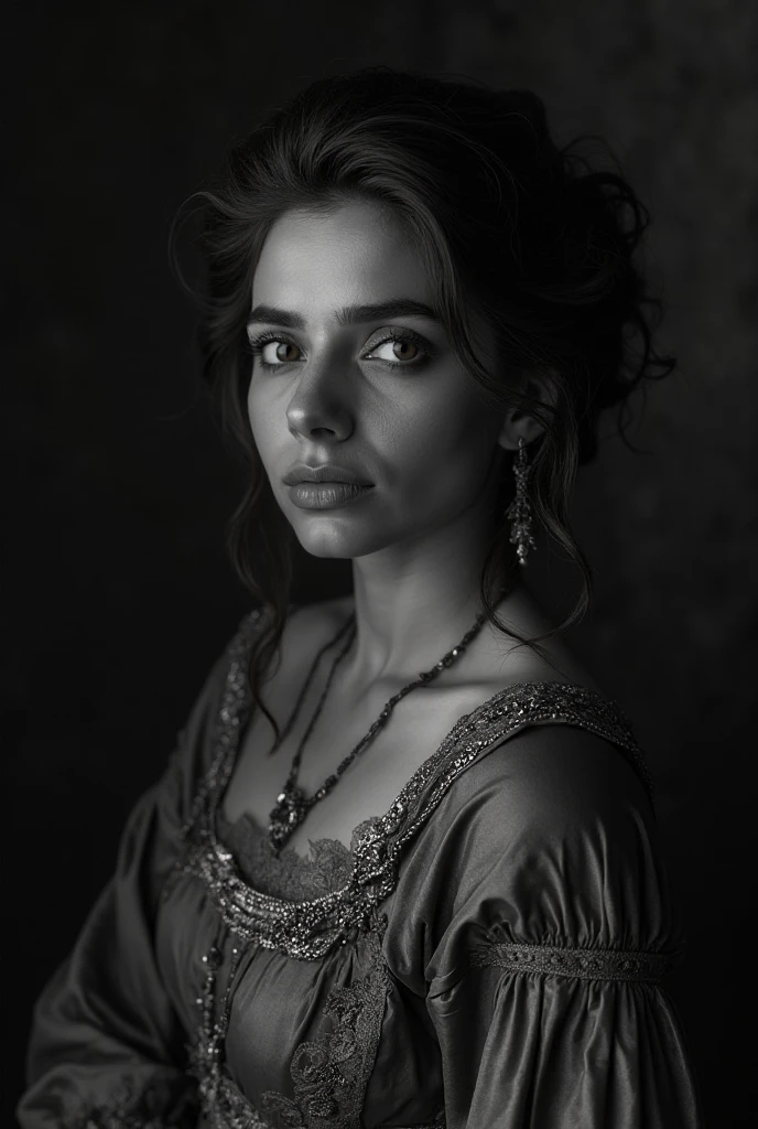 In a captivating exhibition of classical Italian art, a mature woman of stunning beauty, with a splendid figure and fair complexion, kneeling, She dresses in two pieces of transparent fabrics that reveal her voluptuous curves. Broken clothes covered by transparent cups , they reveal a deep cleavage, This exquisite portrait, similar to a Jan Saudek Style Photograph, shows the attractive features of women with grace and charm. The background in a warm colored bedroom interior , ochre and bluish gray. Detailed brushstrokes enhance the delicate textures of her attire and the softness of her skin, creating a fascinating, high-quality image, timeless and captivating. The combination of realistic textures with dreamlike elements creates a sense of mystery, transcendence and an invitation to travel into the unknown and create a visual masterpiece of great quality and captivating beauty, In a Bluish World of Dreams , and with many details, magical realism, Canon eos 5d mark 4 , lighting by Rembrandt. (dark realism 0,5 stat 1 int 1)