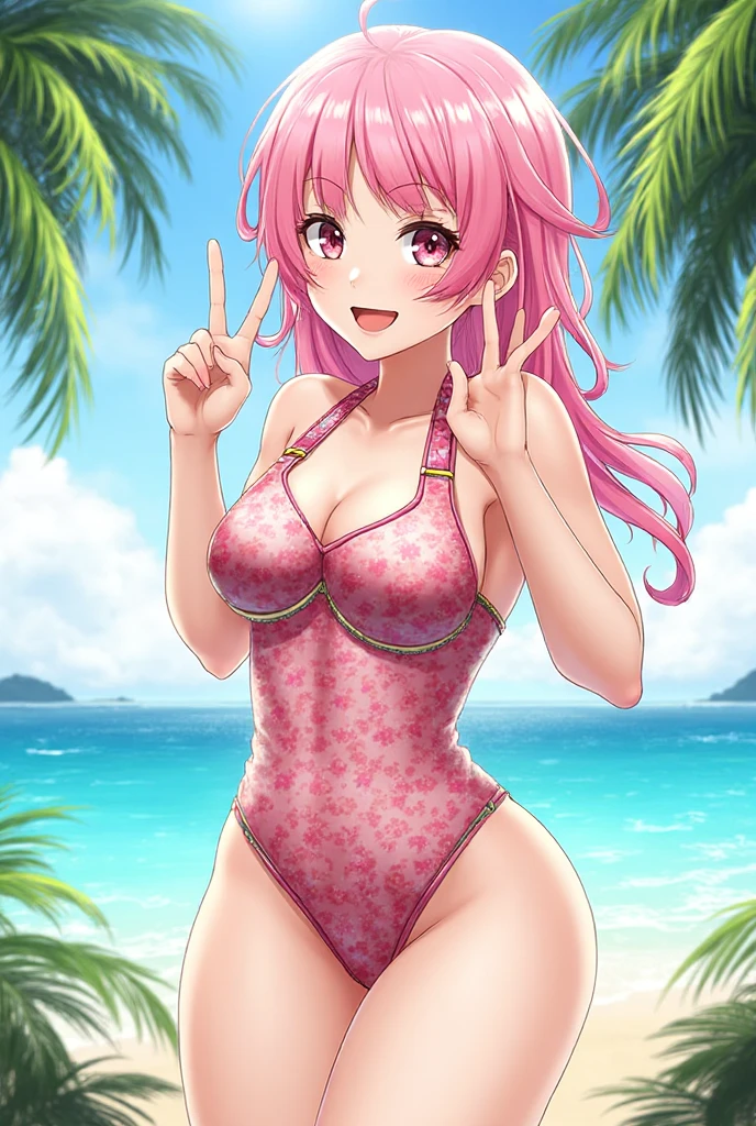 score_9,score_8_up,score_7_up,score_6_up,score_5_up,score_4_up,anime coloring,source_anime,anime,<lora:Lacus_Meer_Gundam_SEED_Pony:0.8>,lacusmeer,1girl,solo,blue eyes,pink hair,long hair,ponytail,sidelocks,moon hair ornament,two-tone bikini,arms behind head,smile,standing,beach,