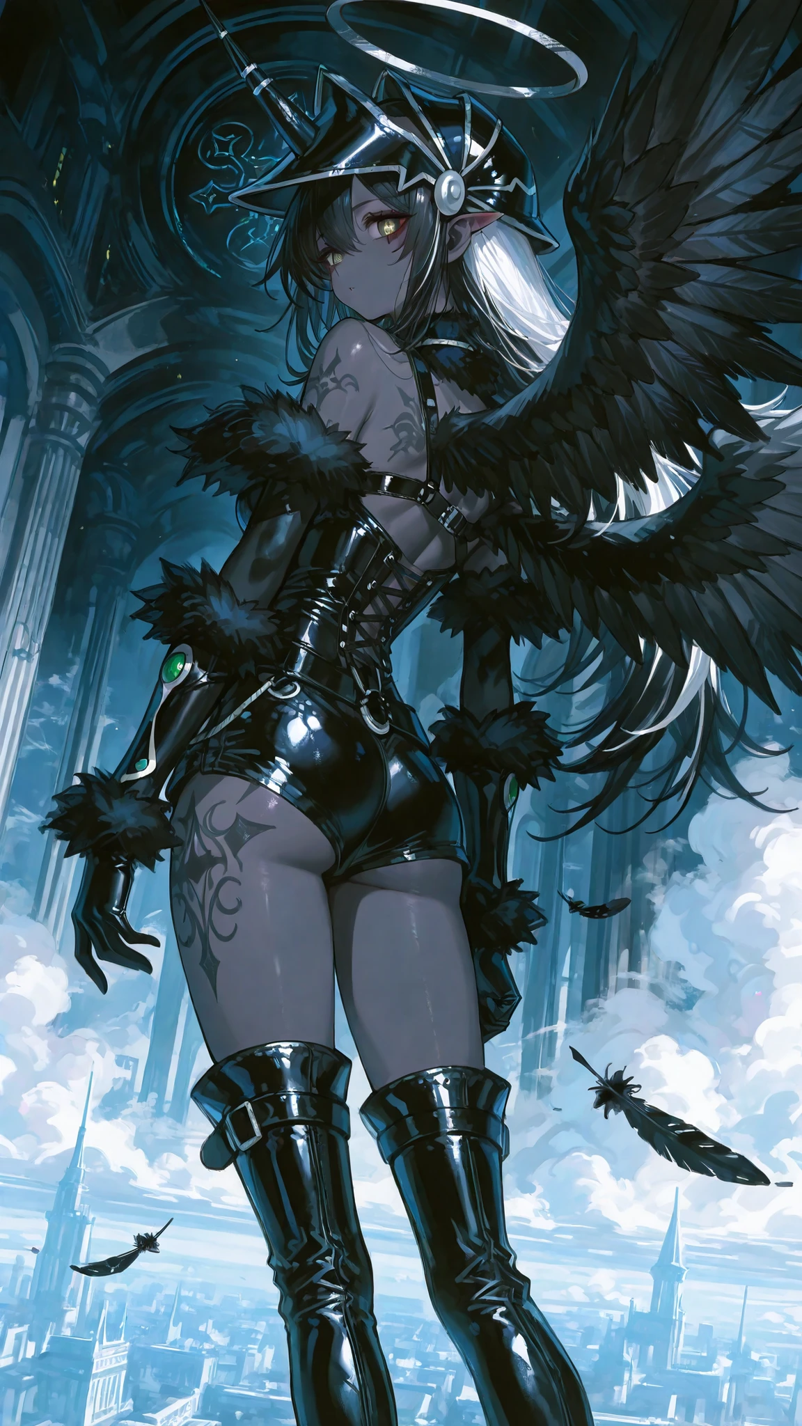 The darck magician girl is a fallen black-and-white angel. Her long hair is obsidian black straight with white highlights. her eyes are dark black with white crosses-like pupils. She has dark-grey skin and pointed ears. on her skin she has a tattoo of the silver cross. In the center of her forehead she has a one black unicorn-horn decorated with silver chains. She is wearing a black jumpsuit with short shorts, with fur collar and fur sleeves. She wears high hip-length patent leather boots with straps. She wears on her head a black patent leather cap. A halo with three all-seeing eyes is burning above her head . She wears leather gloves. She's wearing silver garters, shoulder-harness and patent leather corset with inverted crosses. She has six wings on her back, three black wings and three white wings. She flies in a white heavenly city among the clouds, leaving a trail of black feathers behind her.