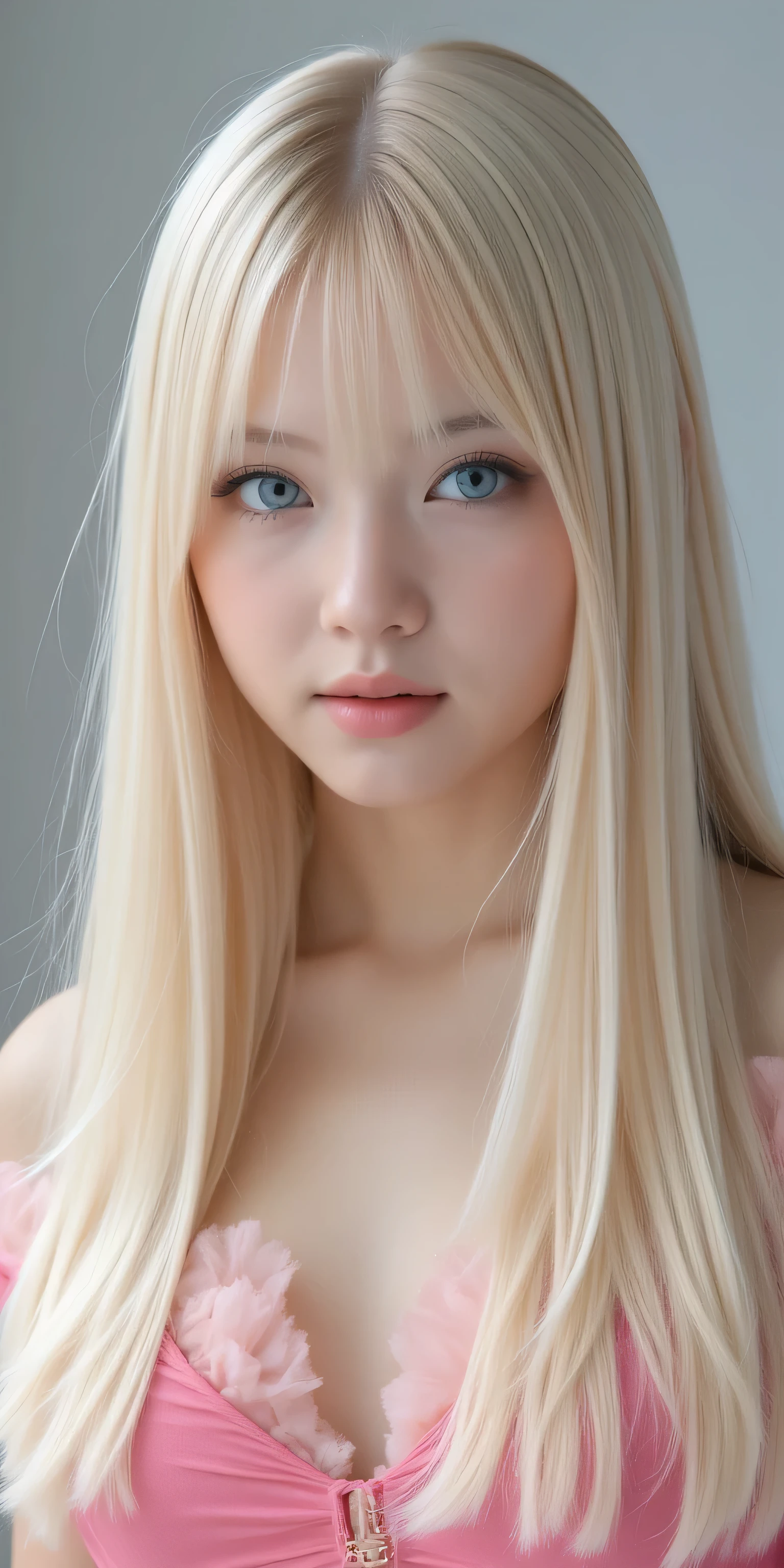 19 year old girl with beautiful cute young face,beautiful beautiful long platinum blonde hair,super long straight silky platinum blonde hair、 Half Body Shot ,Beautiful long bangs,beautiful bangs between eyes,Bangs covering the forehead、striped hair on men's clothing,Round face、Clear, very bright light blue eyes that shine、very big eyes、pure white, shiny, smooth, beautiful skin、 the luster of young cheeks 、Pink dress、Small Face Beauty、round face、Cheek Gloss Highlights、 cutie little face、A peerless beauty、