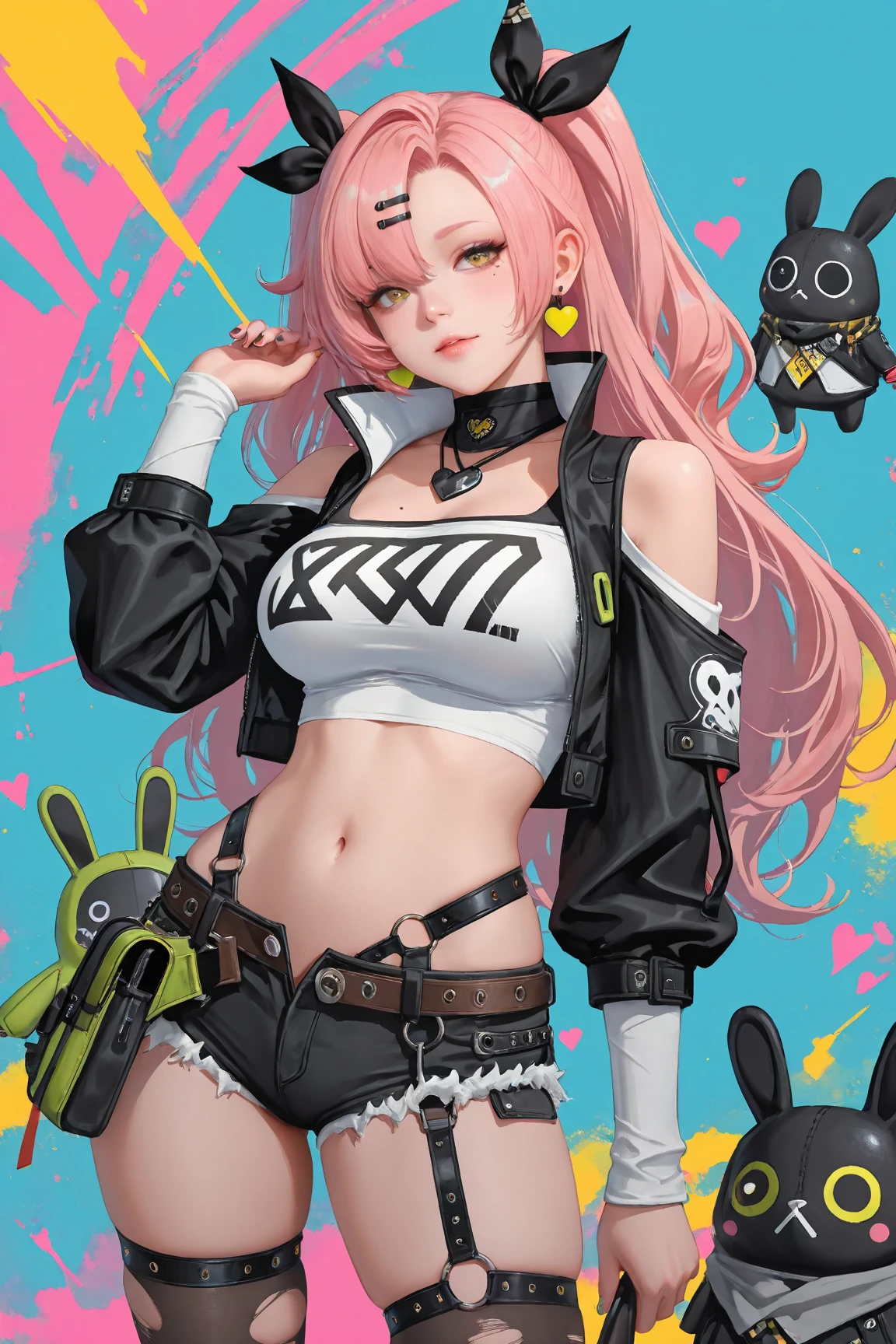 Beauty, delicate  collarbone, pink hair, cold white skin, lipstick, best quality,  shoulders, ((best quality, 8k, masterpiece: 1.3)), long hair, heavy makeup, , slim, double eyelids, Chinese beautiful woman, hip hop style, Cuban chain, 19 years old female model, baseball cap, colorful tattoos, black stockings highest quality, outstanding details, super high resolution, full body, sneakers, super detailed face, highly detailed lips, detailed eyes