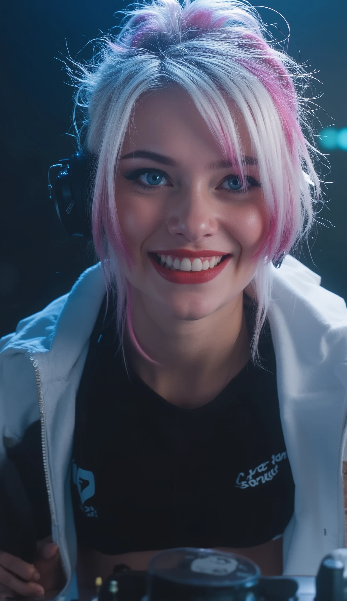 XLV6_ score, source_Anime, masterpiece, masterpiece, best quality, ultra-detailed, 8k, high resolution, best quality, very detailed, PERFECTIVE ANATOMY, great quality, score_9, score_8_up, score_7_up, BREAK ExpressiveH, souce_explicit, BREAK , 1 girl only, highly contrast, Showcase high-quality artwork,(extremely detailed eye)with the very detail hair, 1girl , shiny skin , open mouth, Composition from the front, front, Upright posture, sunglasses, evil smile, evil face, dynamic pose, pick, DJ headphones, Full body shot, The spotlight shines on, ((she is playing the DJ Console)) (((white short hair, hair bun, single hair bun, with pink highlights with heterochromia eyes, one light blue eye and one gray eye)))