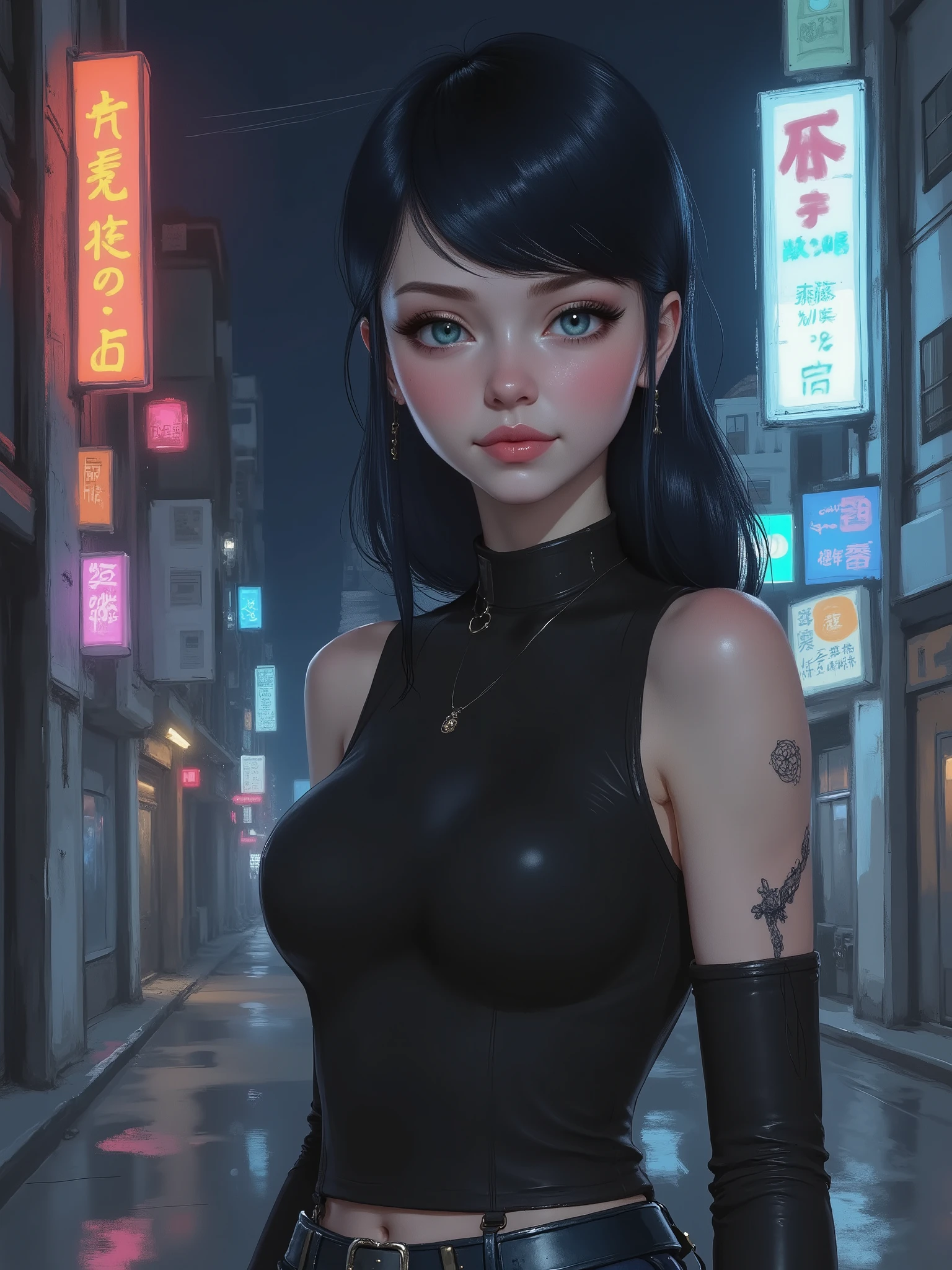 sketch painting, marinette Dopanchan, cyberpunk, watercolor, neon, anime, female, futuristic, glowing, girl, night, A very beautiful and cute 22 year old woman with a slight smile. (((Shy smile))), sharp focus on the face, (((Western eyes:1.5))), (((Extremely detailed ice-blue eyes, beautiful eyes, beautifully detailed eyes))), (((delicately detailed thin pink lips))), (((long hair, shiny hair))), (((black medieval steampunk style sleeveless t-shirt))), (((Dark Blue medieval steampunk style leather warrior pants))), (((full body view, dynamic pose, standing:1.5, graceful pose))), (((The background is Dark Gray and painted with expressive, visible textures using dynamic brushstrokes and strokes that add depth and movement. The paint covers only the area just behind the subject. The outer edges of the image with black margins, as if the background had been painted with a brush and with expressive and visible textures using dynamic brushstrokes and strokes fading toward the edges creating a modern and artistic vignette effect))). Cinematic lighting, soft depth of field, (((masterpiece/high resolution/Best Quality/top quality/high quality/UHD/16k quality))), sharp focus, no blur, film grain, bokeh.