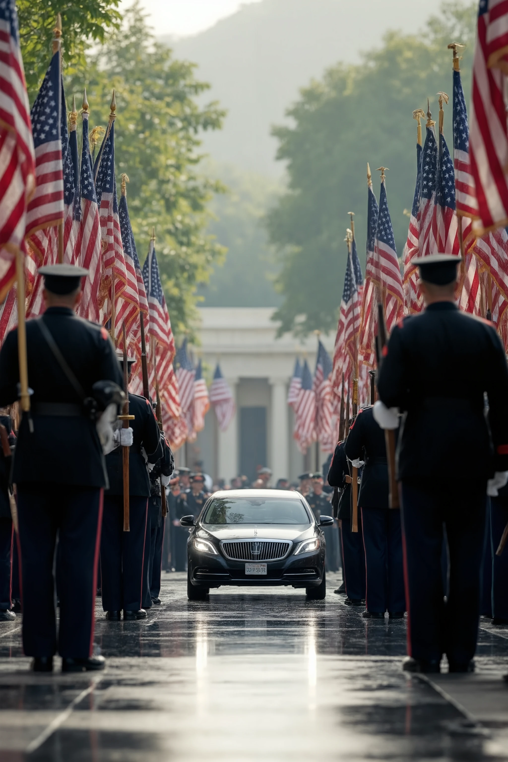 high-definition images、American military funeral ceremony venue、American flags line up neatly and swaying in the wind、a group of honor guards with guns and swords line up、A black limousine departs