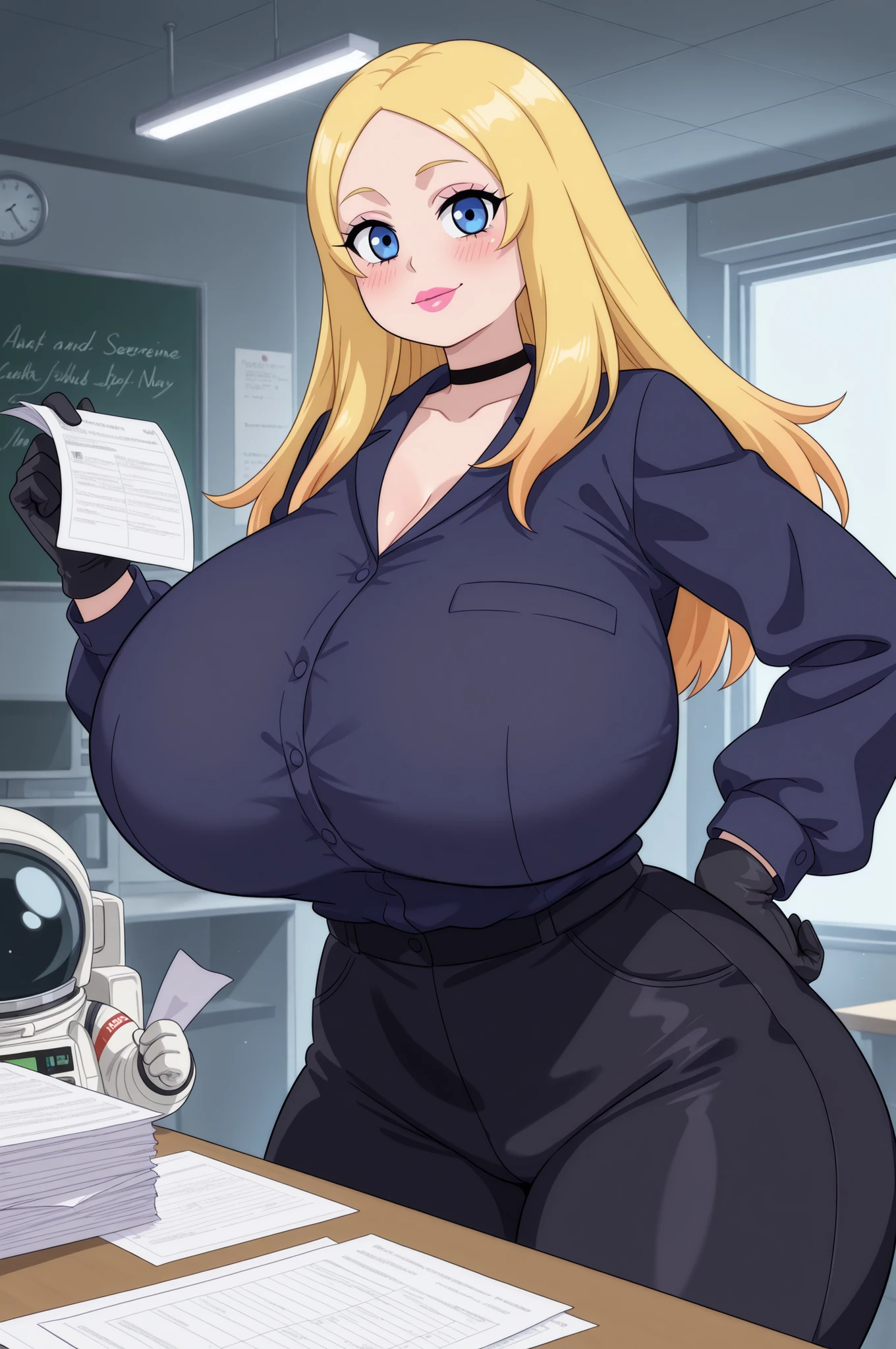 Francine Smith, looking at viewer, pink lipstick, choker, Blonde hair, huge saggy . long hair. blonde hair, | detailed, interiores, research room , industrial lighting, 1girl(Astronaut girl, beautiful face, blush, calm and serene expression, beautiful eyes, thick dark navy blue shirt with long sleeves, Thick gloves, oversized black pants, thick , thick thighs), with some papers in hand, taking notes, next to the desk cluttered desk full of samples, next to the window, a blackboard on the wall
