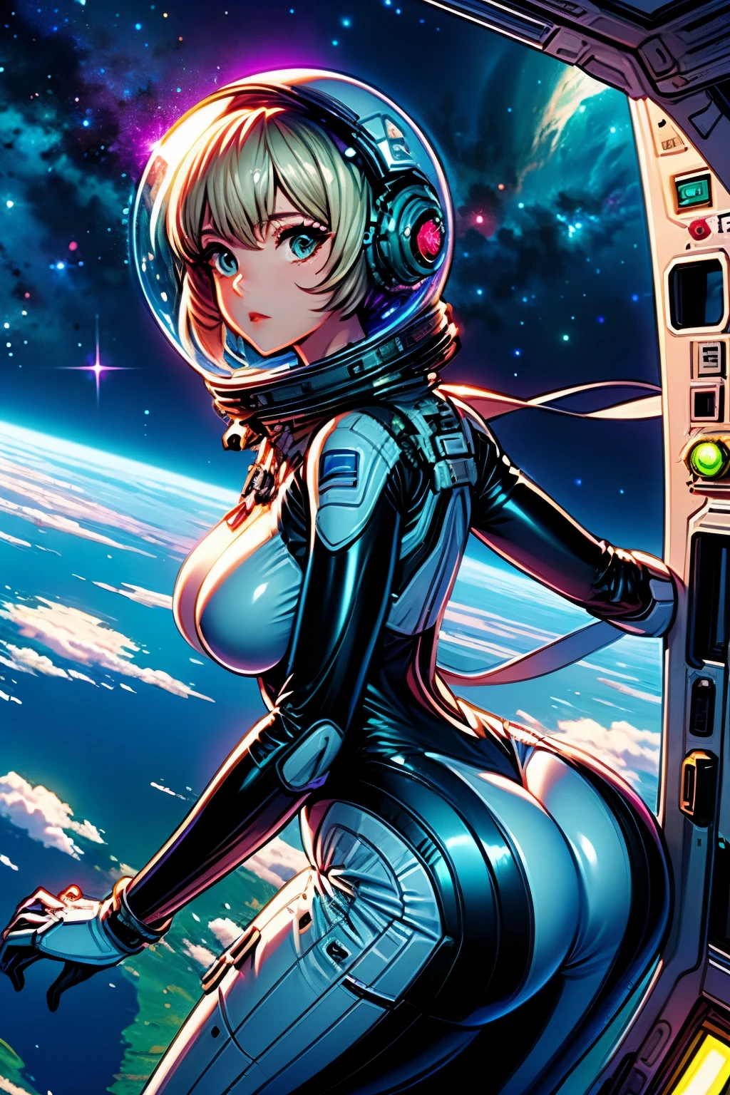 Masterpiece, highest quality, extremely detailed depiction, 1girl. In a rusted, crumbling space station with a view of Earth from the window, there is a girl wearing a silver spacesuit on this side of the window. Space debris is floating in the universe. She has very short blonde hair, bright green glowing anime-style eyes, very huge breasts, a slim waist, small hips, and her back is visible as she turns to look at the viewer. In the background, there is a large Earth, twinkling stars, and a dark, ruined space station. She is leaning forward with her butt facing the viewer.