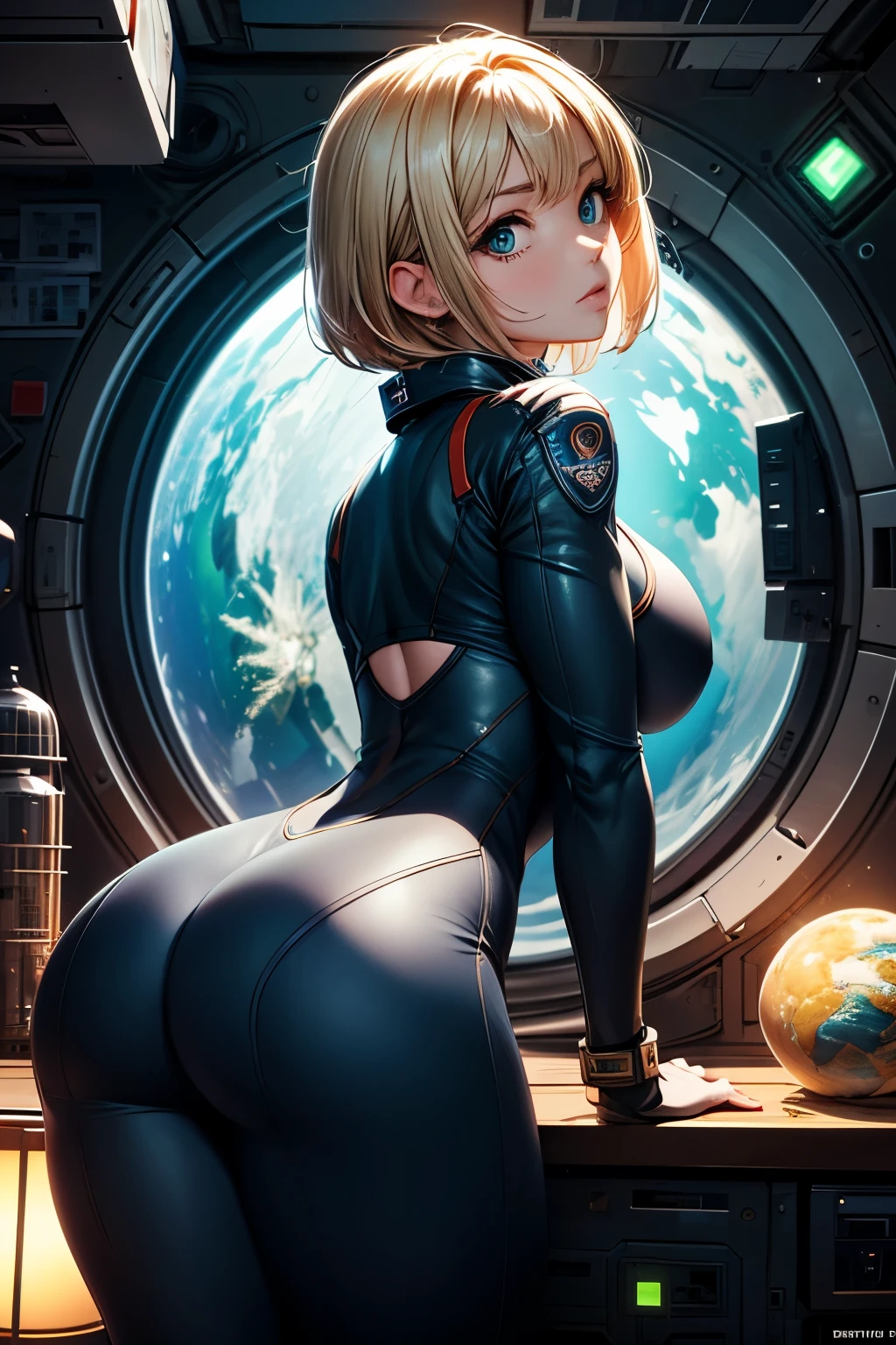 Masterpiece, highest quality, extremely detailed depiction, 1girl. In a rusted, crumbling space station with a view of Earth from the window, there is a girl wearing a silver spacesuit on this side of the window. Space debris is floating in the universe. She has very short blonde hair, bright green glowing anime-style eyes, very huge breasts, a slim waist, small hips, and her back is visible as she turns to look at the viewer. In the background, there is a large Earth, twinkling stars, and a dark, ruined space station. She is leaning forward with her butt facing the viewer.