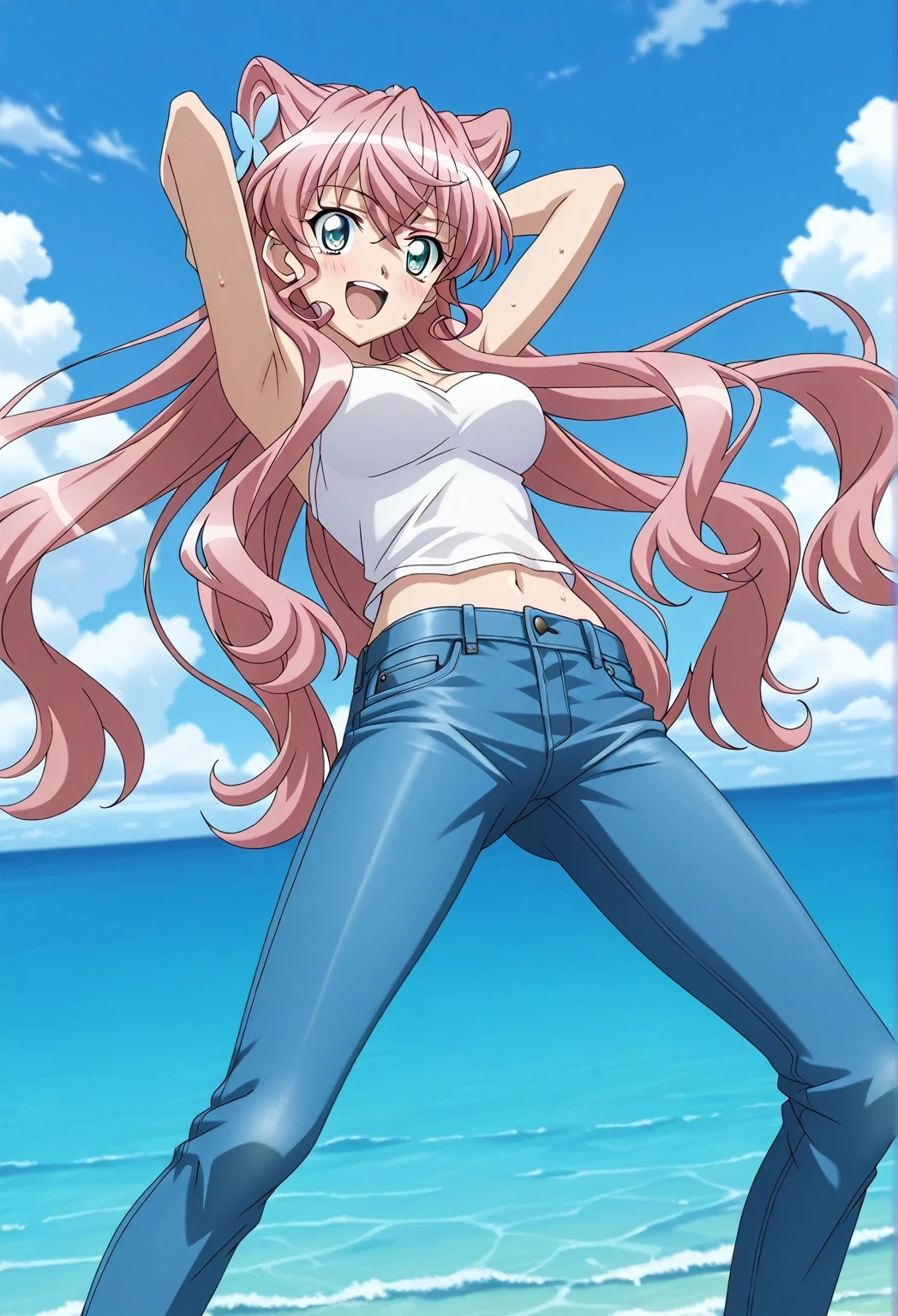 score_9, score_8_up, score_7_up, source_anime, highres, hi res, ((best quality, top quality, perfect quality, Highest Quality, amazing quality)), {{masterpiece}}, {{an extremely delicate and beautiful}}, 2d, intricate details, official style, anime, 8k, anime style, official_anime, official art, digital painting, cell shading, soft shading, high resolution, soothing tones, Subdued Color, Soft cinematic light, adobe lightroom, photolab, HDR, intricately and hyper-detailed, ((high quality animation)), 1 girl, Alone, solo, ((ocean)), tsunami, on the water, day, sunny, outdoors, sky, windy, Maria Cadenzavna Eve, senki zessho symphogear, pink hair, long hair, blue eyes, hair ornament, anime screencap, , white camisole top, crop top, white crop top, best quality, hyper-detailed jeans, ((blue jeans:1.9)), (dark blue jeans:0.6), full medium body, medium shot, Open mouth, smiling, happy face, blush, sweat, standing, ((arms behind head:6.0)), ((perfect arm line:2.5)), bowlegged, jumping pose, action, looking at viewer, , Bend knees slightly, straight-on front view