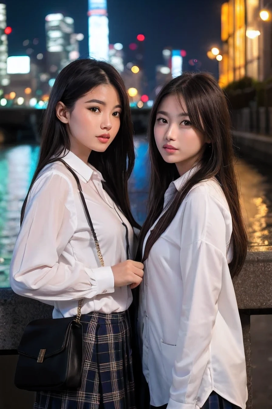 masterpiece, Highest Quality,  in fine detail, high definition, beautiful detailed eyes, natural lips, girls, Exquisite and beautiful face, eyes and skin , Original photo, Young face, cute, high definition, realistic, 4K, Accurate Textural Representation , Two young women stand side by side, and you can see the cityscape illuminated at night across a large body of water over a large body of water, probably in her late teens to early 20s, , they both wear white blouses and dark plaid skirts, embody classic school uniform style, Woman on the left shoulder, light brown hair in front of patients, while her companion has long 黒 hair. They both wear dark socks and shoes, One girl holds a thin crossbody bag, are located in a cobblestone area and the border is a black iron fence that overlooks sturdy water, The bright lights of a warm, vibrant city that crosses the water reflect in the dark water, has a peaceful urban vibe, The building is reminiscent of European architecture, creates a romantic atmosphere, International air, The night sky above her head is dark and clear, Over the glow of a faraway city Undisturbed by artificial lighting,