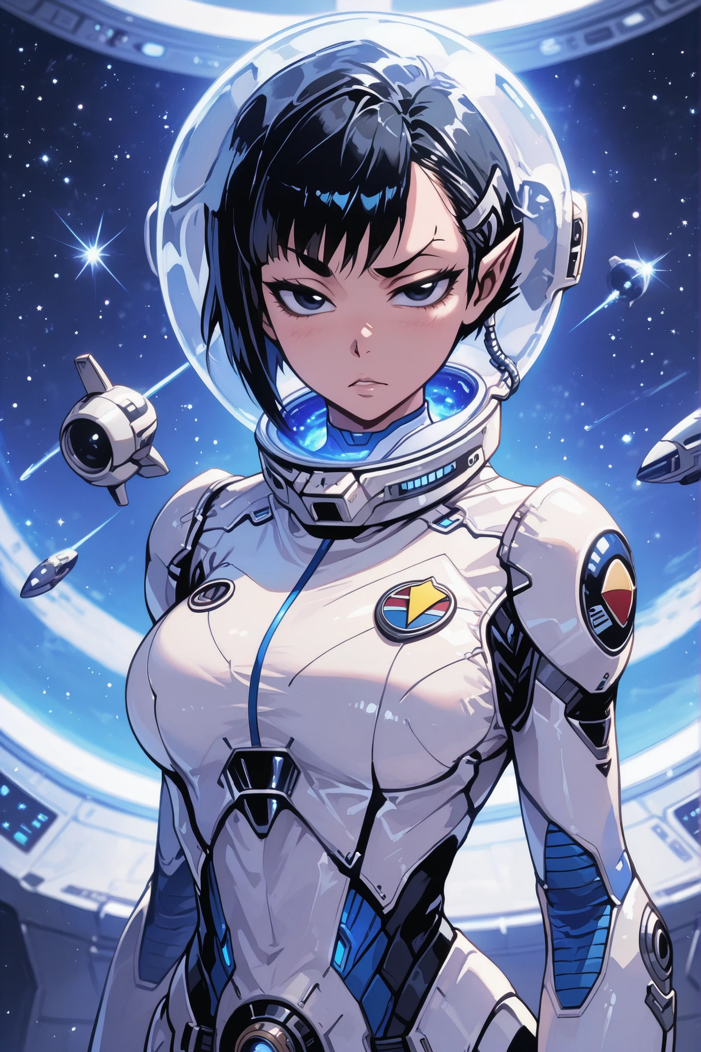 Masterpiece, highly detailed, beautiful woman, character, Star Trek (Vulcan female),_large_breasts_,short_eyebrows, slanted eyebrows, thin eyebrows, tsurime eyes, raised eyebrow, black hair, short hair,asymmetrical hair style, pointed_ears, olive_complextion, space_space (blue), Space helmet, holding an LED flashlight, floating objects, Zero gravity, Space station interior, Bleach art style