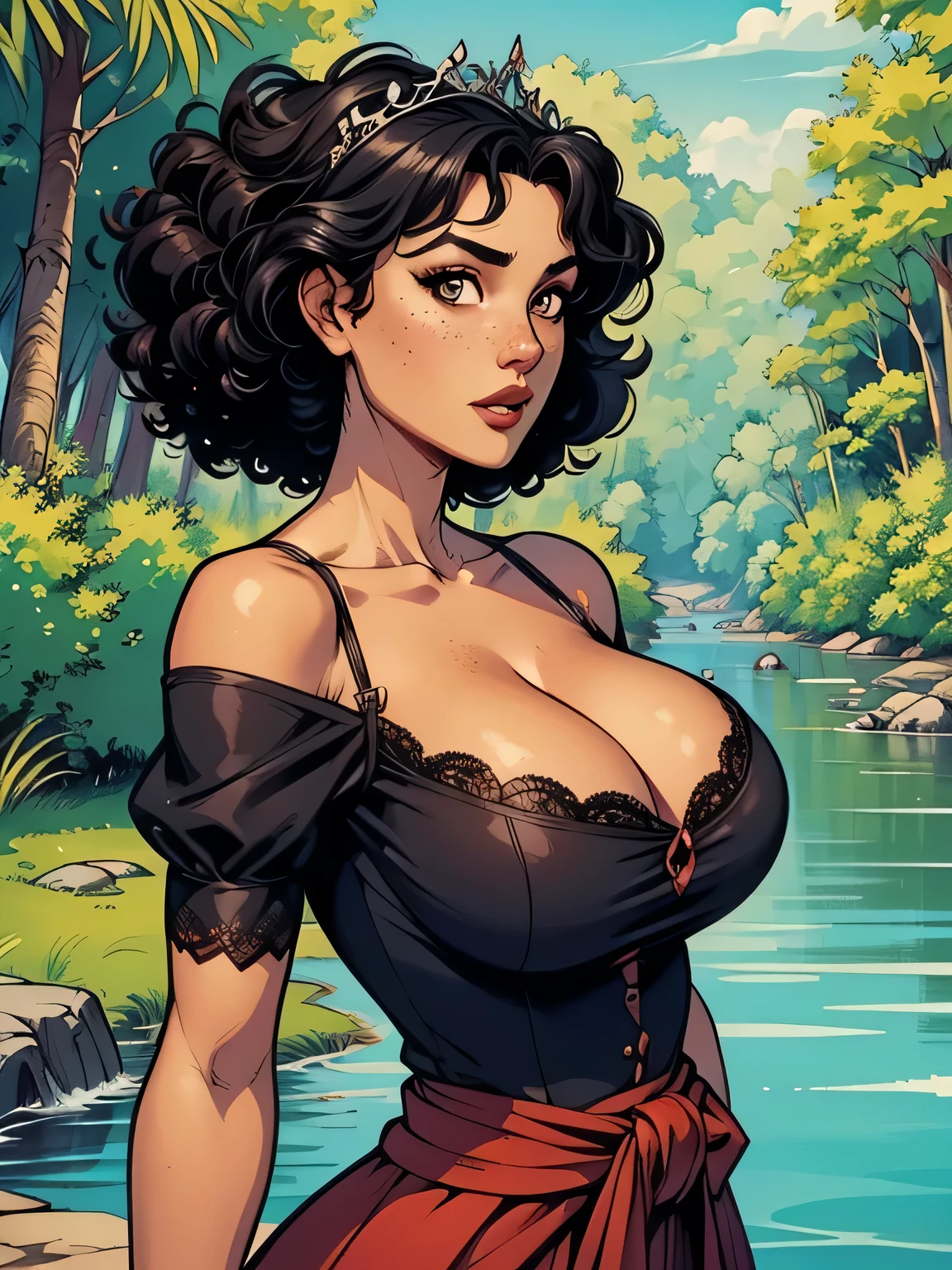 melhor qualidade, Obra de arte, (realista: 1.2), Close-up of a thin woman, busty and athletic , 25 anos, 16k (( ultra fino )), semblante pensativo, rosto expressivo, olhar sedutor (( looking at the viewer )), olhos castanhos, She's wearing a royal red dress (( V-neck with lace, renda chantilly, short puffy sleeves and tiara )), cintura fina, usa um cinto preto, (( arms extended at the sides of her body )), pele branca, (( curly black hair, up to the shoulders )), She is alone in the jungle (( upper body, From waist to head, side view 1 .4 )), with freckles on her neck and breasts, (( large, round breasts 1.4 )), (( Well defined collarbone )). estilo cartoon (( QG )), forest with river in the background.