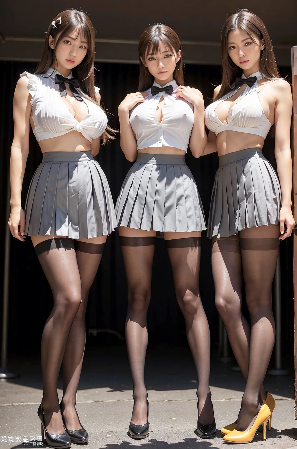three women in school uniforms stand in a hallway,  anime style, , anime girls, oppai,  style, oppai proportions, large thighs, thighs!!!, kantai collection style, (sfw) safe for work, !, anime maid  ss military, high school girls, beautiful anime high school girl, anime maids riding early tanks
