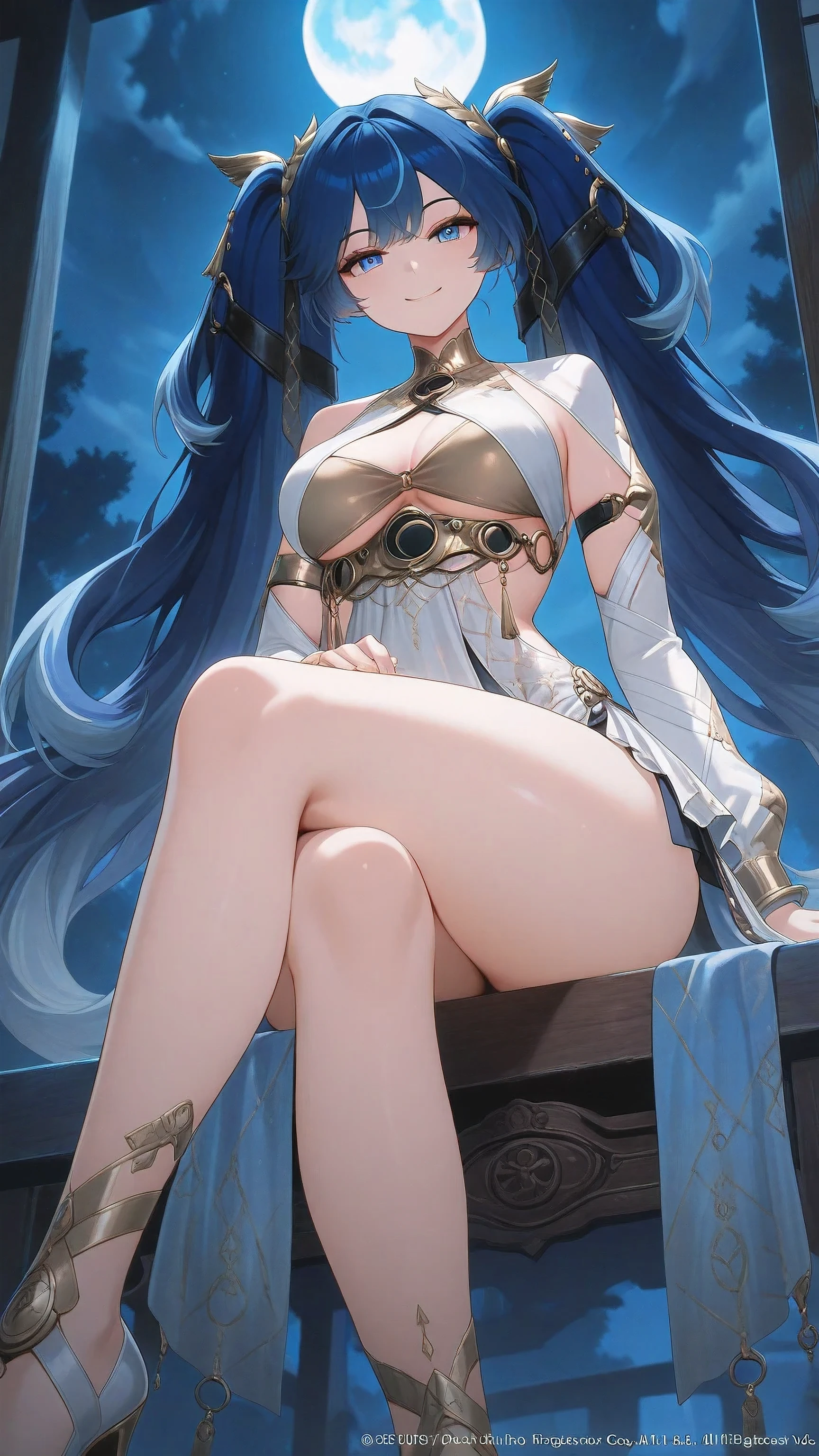 high resolution picture, masterpiece, best quality, amazing quality, official art, ufotable style, ufotable anime, night, blue moon, moonlight, from below, 1girl, sitting, Iuno from Wuthering Waves, blue hair, twintails, , clothes, sleeves, white high heels, voluptuous body,  curvy , thick , thick thighs, BREAK solo,  looking at viewer, smile, crossed legs, 