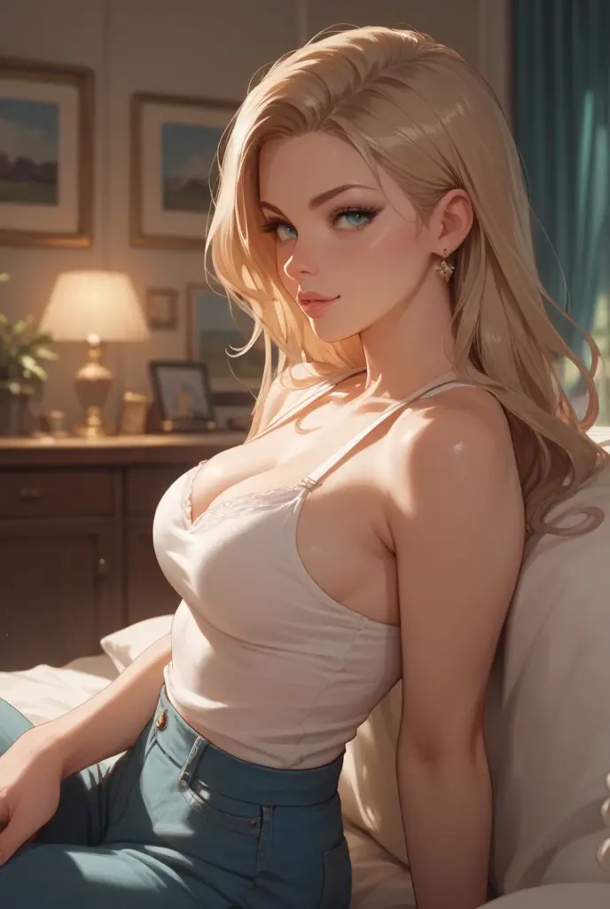 Lying in bed,A woman in ????????? with Margot Robbie's face, highest quality, Very detailed, 1 girl,Redhead, Long braided hair, Golden Eyes, bangs, ????? Women,Very small pointed ???????, Thin legs,Looks ????,, (bad: 1.2),Exposing ???????,Spread your legs,Full Shot, Crisp contrast, Beautiful fine details,White panties,I can see your ?????????,