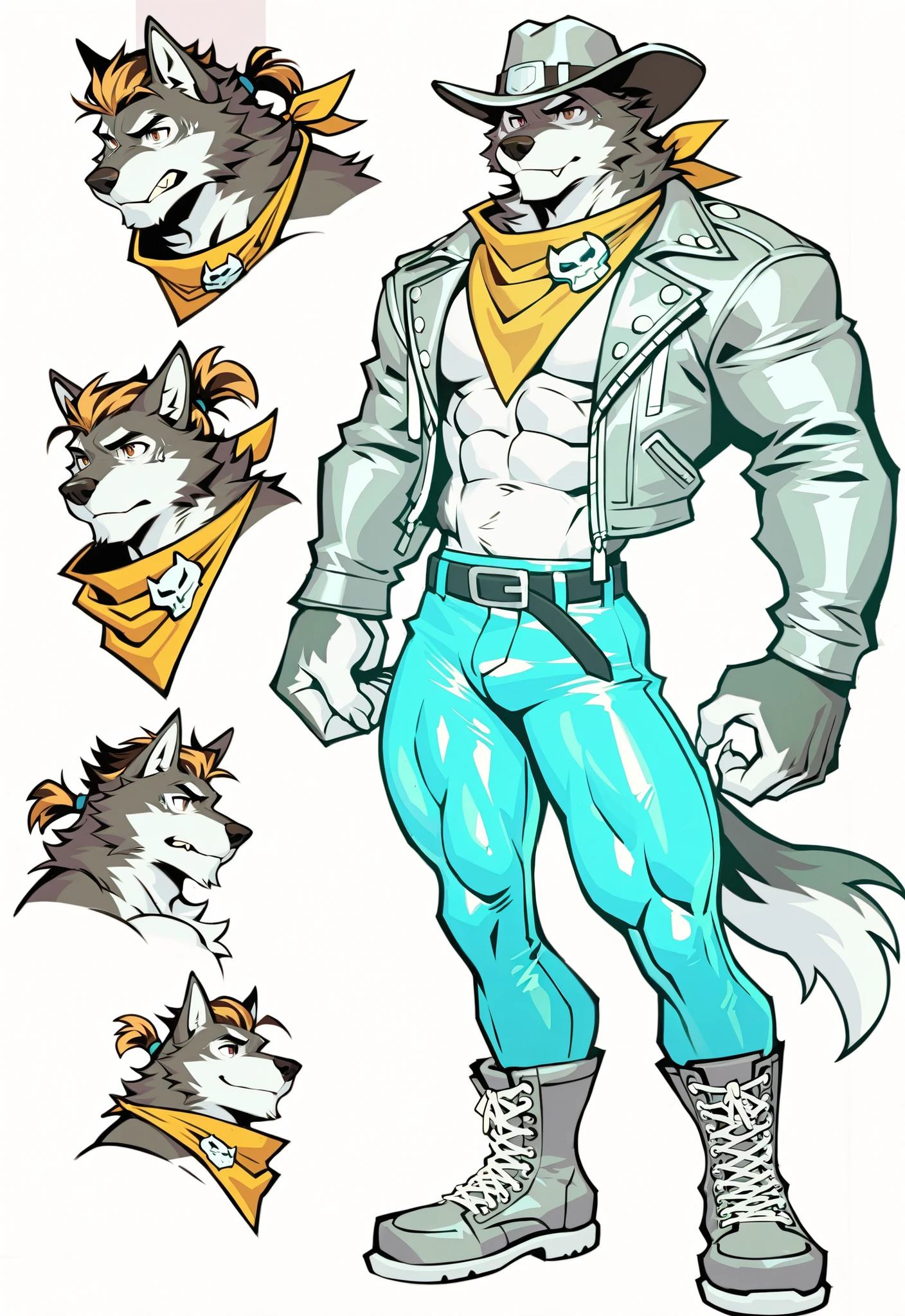 Experienced furry character reference sheet adoptable for Wolfstar, masterpiece , modern day alternate universe, white background, full body, multiple views , best quality , masterpiece , masculine , character sheet , dungeon & dragons , visual novel , featured on Pinterest, dynamic.
Wolfstar is a night infiltration spy super hero! Masterpiece, man, dude, massive muscle brute, guy, hunk, best quality, amazing quality, solo, 1girl, null-ghost, Jenny from visual novel "Wolfstar: Sins and Paradise". Wolfstar is a werewolf who wears a silver skin-tight spandex super suit. Werewolf, male, muscle, hunk, canine, , wears a super hero hood and mask to conceal his identity, musclebound body, bandanna mask combo, carries two high tech guns. He has short spiky blond hair with a pony tail hairstyle, vibrant brown eyes, head and pectorals focus. Male wolf man, wolf tail, no defects, no watermarks, perfect man eyes, 5 fingers, perfect hands, wearing black leather jacket and cowboy hat, no defects, no watermarks, perfect eyes, 5 fingers, perfect hands.