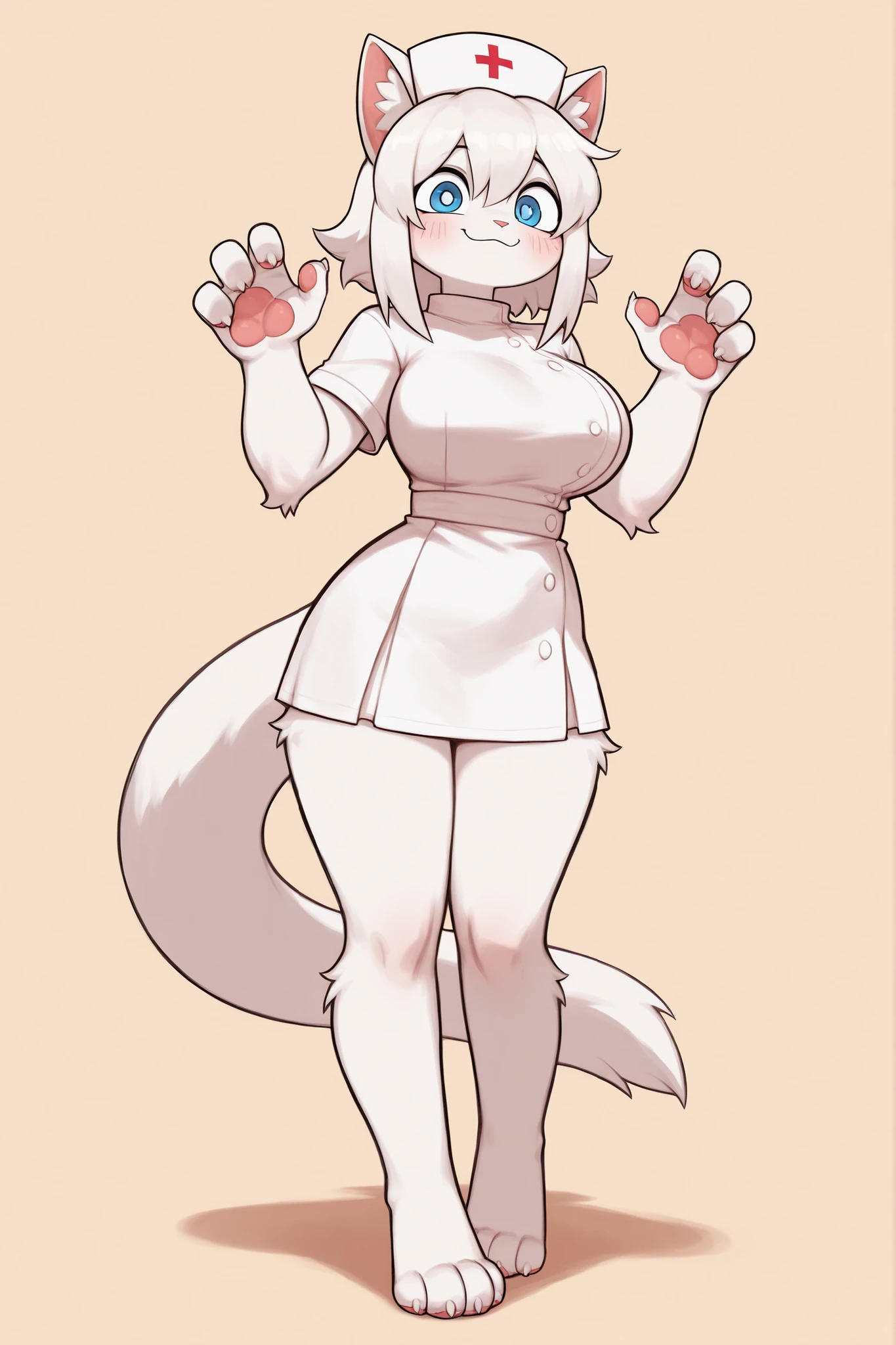 sillycay, edge, Alone, score_9, score_8_above, score_7_above, Alone, style kemono, white hairy body, Sillycat :1, light white tail tip, blue eyes, high, light white hair, big breasts, White Hands, white feet, pink pads, Four fingers, wearing a nurse's dress, standing, posing, Simple Background, happy