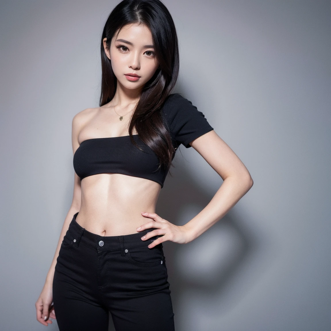 Chinese female celebrity，long whitr hair，Black lace bandeau，Strong，Tall and tall，White skin and beautiful appearance，Full body photo，Face the lens，ssmile，Round body，black ，Perineal manifestation，Stand in the middle of the road。