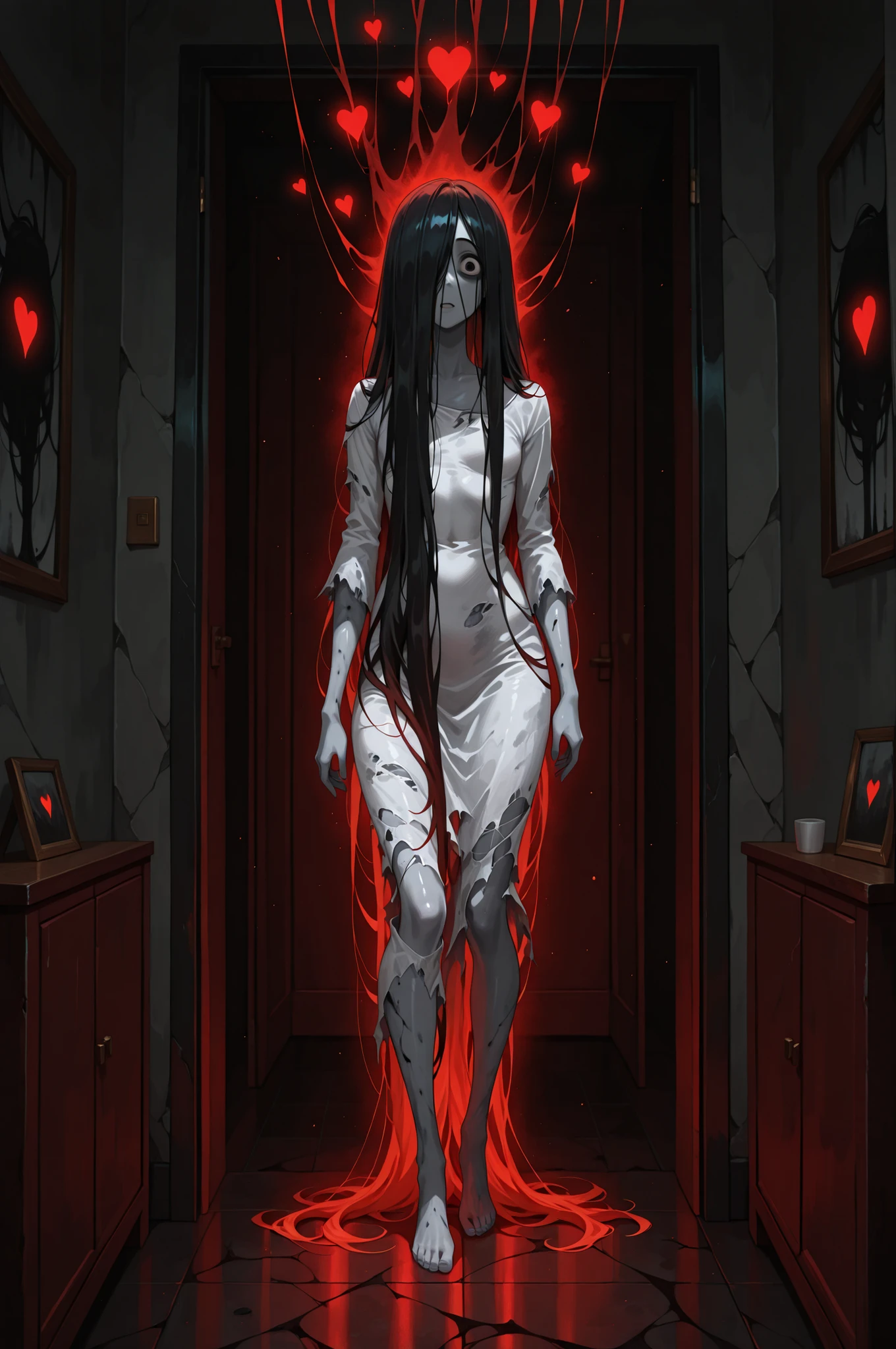 SadakoIL,1girl,solo,long hair,black hair, dress, very long hair, torn clothes, hair over one eye,grey skin,impossible dress,  feet, yamamura sadako, standing in a living room, large floating glowing red hearts of love, in full view in a highly detailed anime style